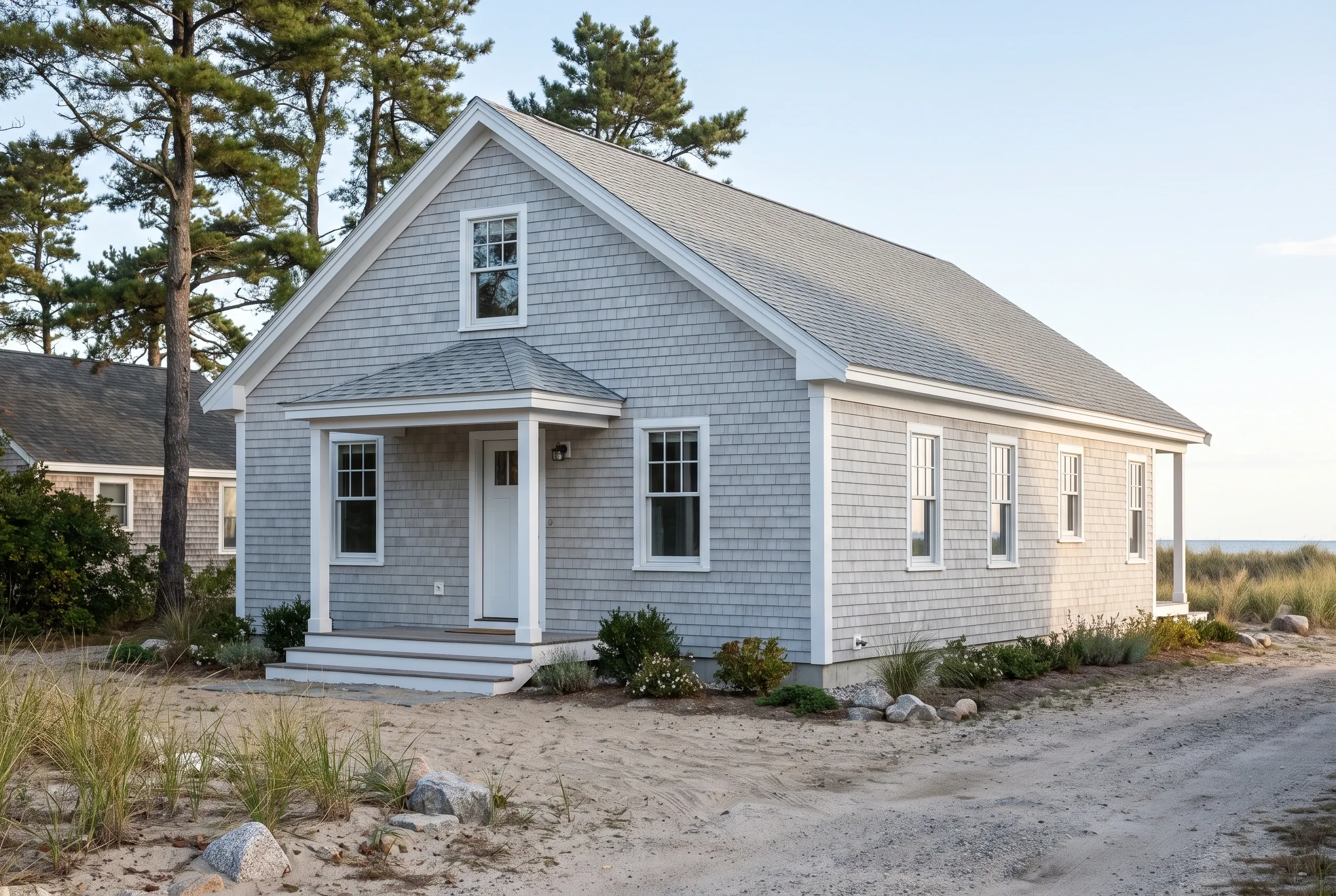 Re-sided cottage in Old Orchard Beach, ME: Light blue-gray shingle-sided house with white trim and gabled roof on sandy beachfront lot with pine trees.