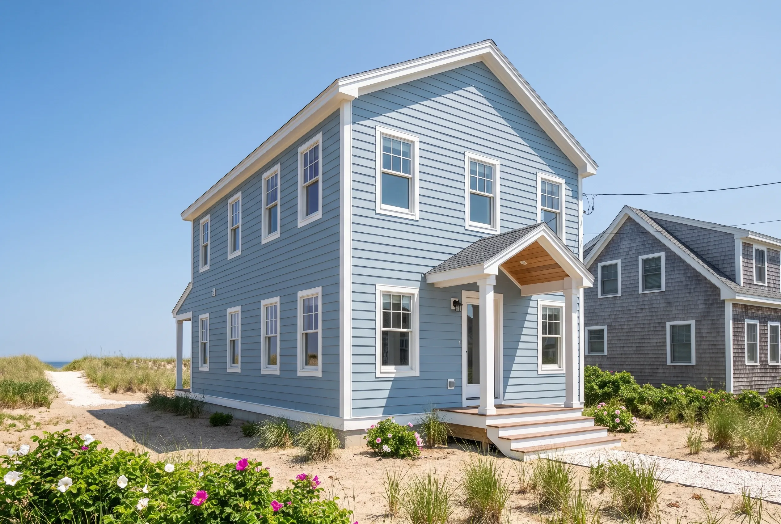 Blue beach house with white trim in Old Orchard Beach, ME: Two-story residential home with light blue horizontal siding, white-trimmed windows and doors, gabled roof, front porch, situated on sandy lot with beach grass and flowering shrubs, ocean visible in distance.
