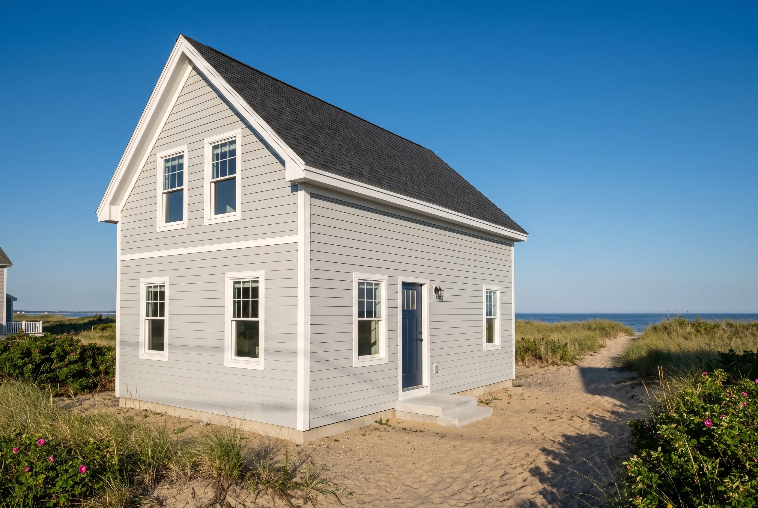 Siding contractors in Old Orchard Beach, ME: White two-story house with horizontal siding, white trim, and dark roof on sandy beach with dune grass and ocean view.