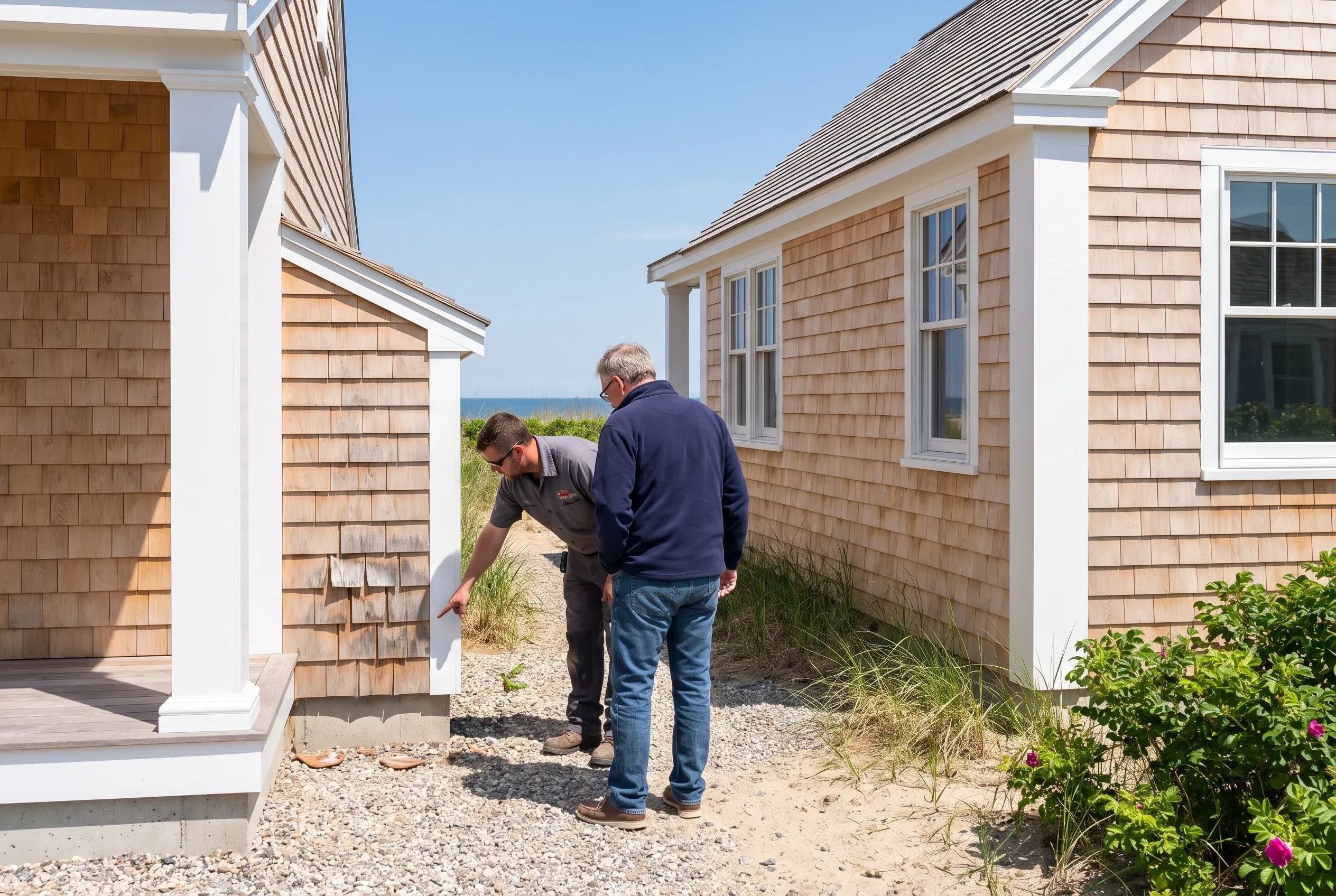 Beachfront cottage siding inspection: Two men examine cedar shake siding on a tan and white coastal home with white trim and dark roof near beach grass and ocean.