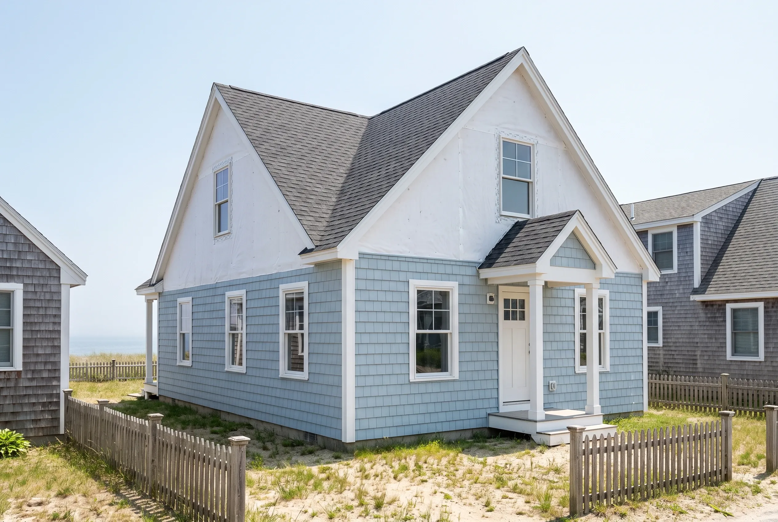 Blue cottage with white trim in Old Orchard Beach, ME: A small blue shingled cottage with white trim and gray roof sits on sandy beach property surrounded by picket fencing.
