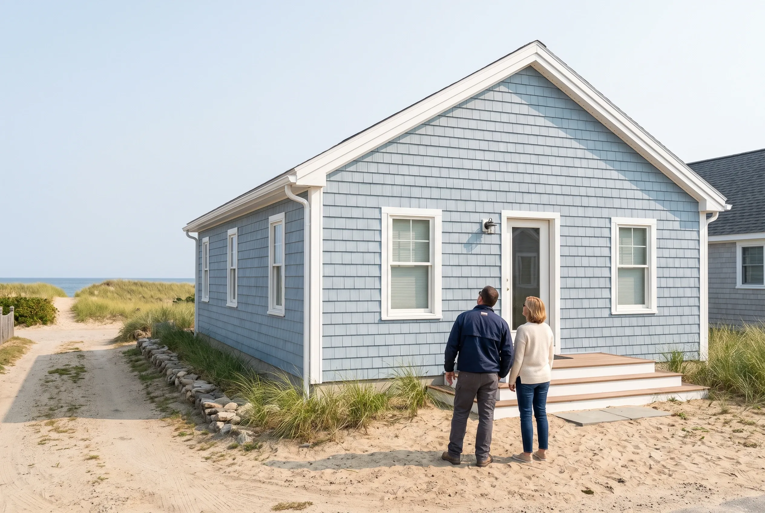 Beach cottage with blue siding in Old Orchard Beach, ME: A small house with light blue shingle siding, white trim, and dark roof sits on sand near beach grass. Two people stand facing the house's entrance.