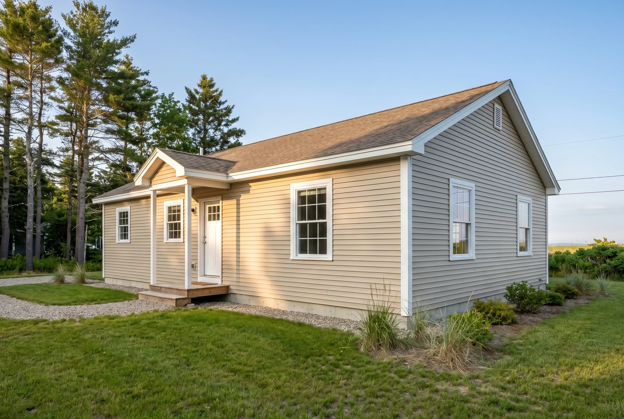 Re-sided ranch in Old Orchard Beach, ME: Cream-colored horizontal siding ranch house with white trim and brown asphalt shingle roof on grassy lot with trees.