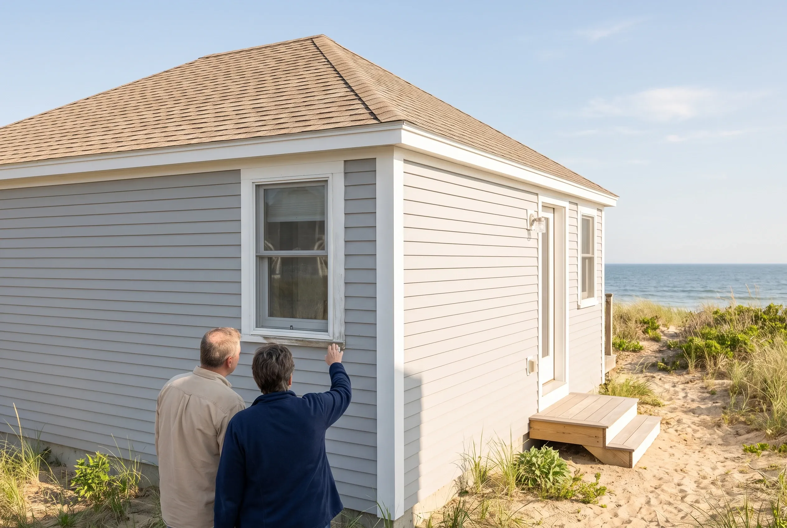 Beachfront shed with white vinyl siding in Old Orchard Beach: Two people examine a small white-sided beach structure with wood roof and trim, situated on sand near beach grass and ocean.