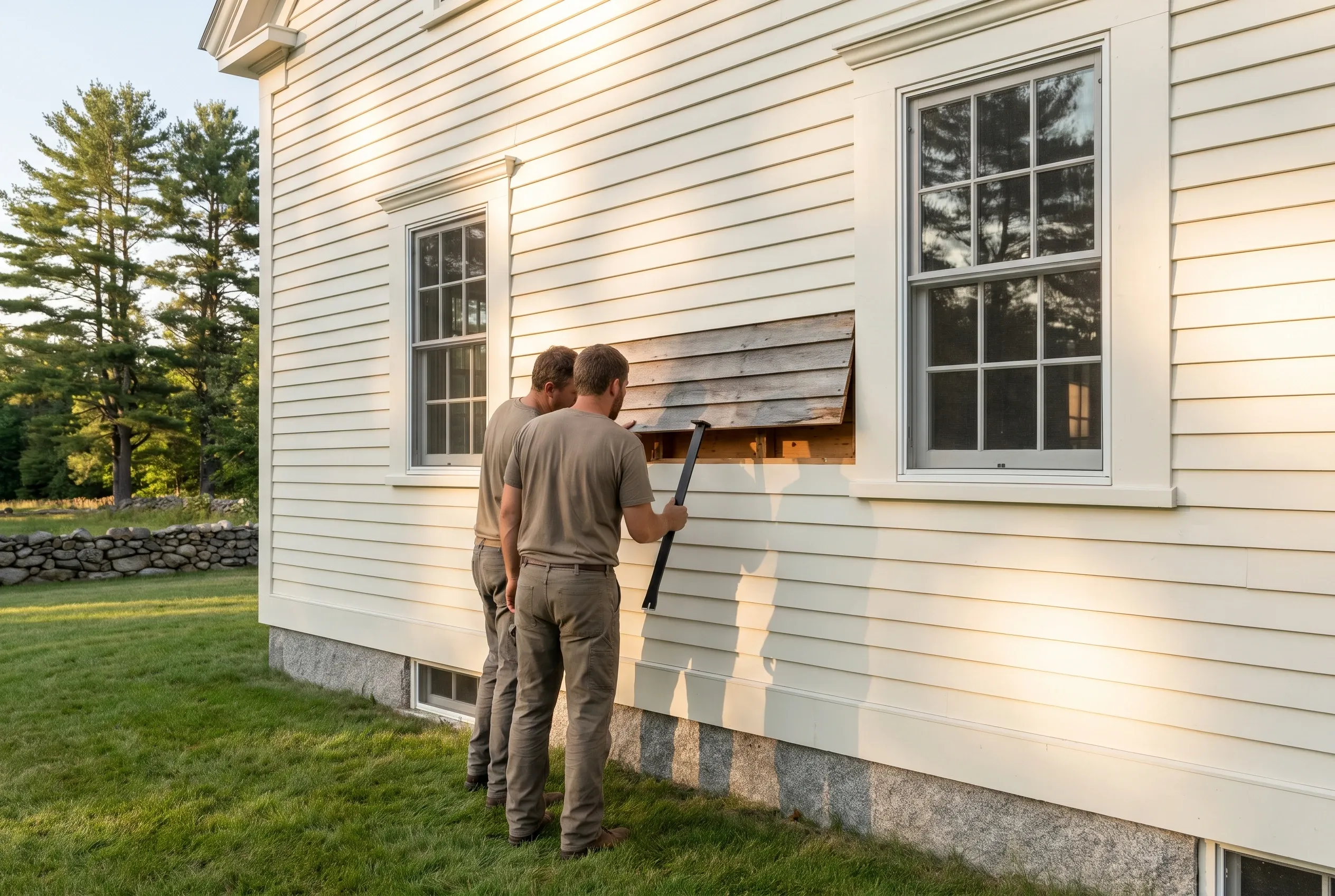 Siding replacement in Pownal, Maine: Two workers installing white horizontal vinyl siding on a house with dark stone foundation, multi-pane windows, and evergreen trees visible in background.