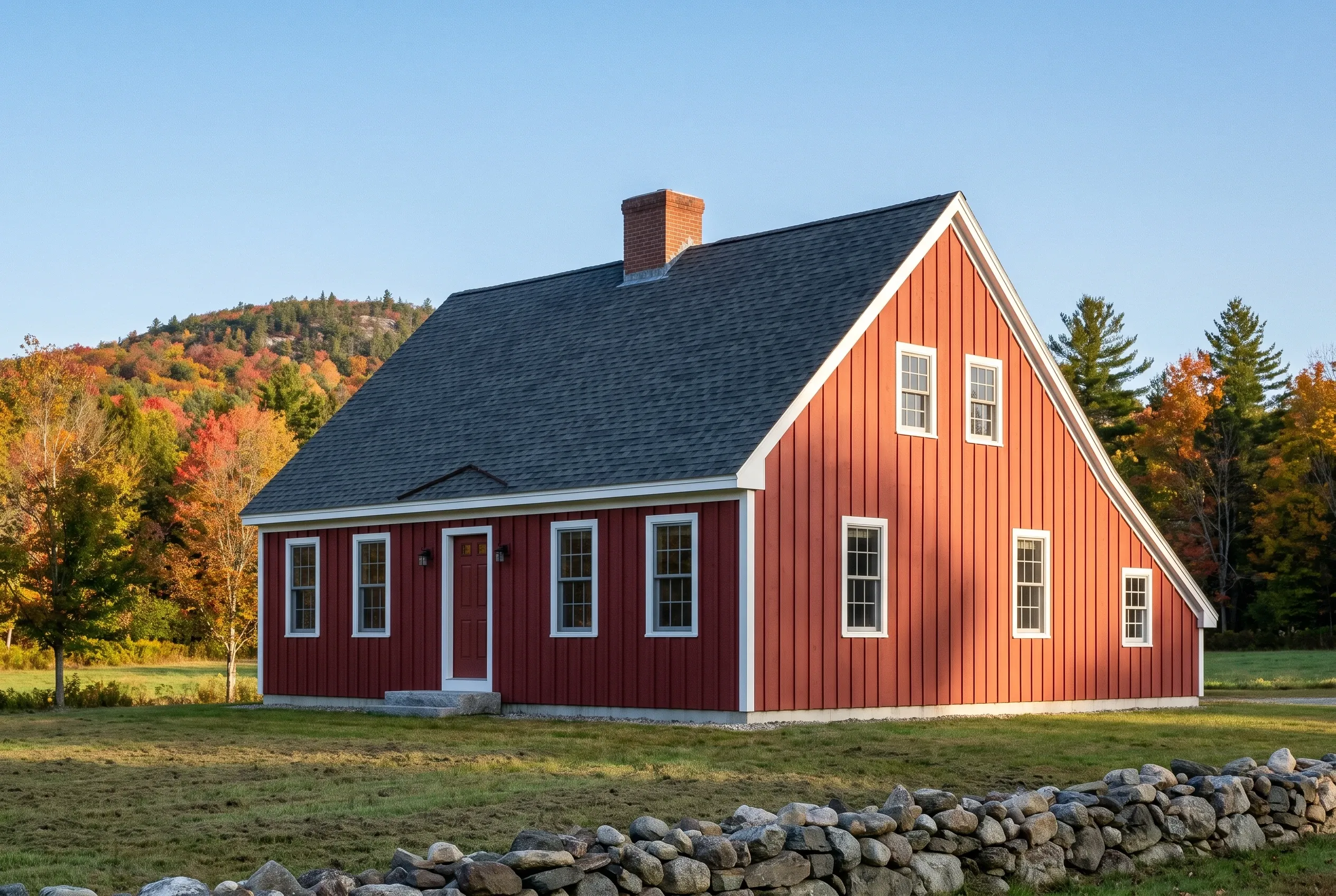Red cottage in Pownal, Maine: A red vertical board-sided house with white trim and dark gray roof sits behind a stone wall, surrounded by autumn foliage.