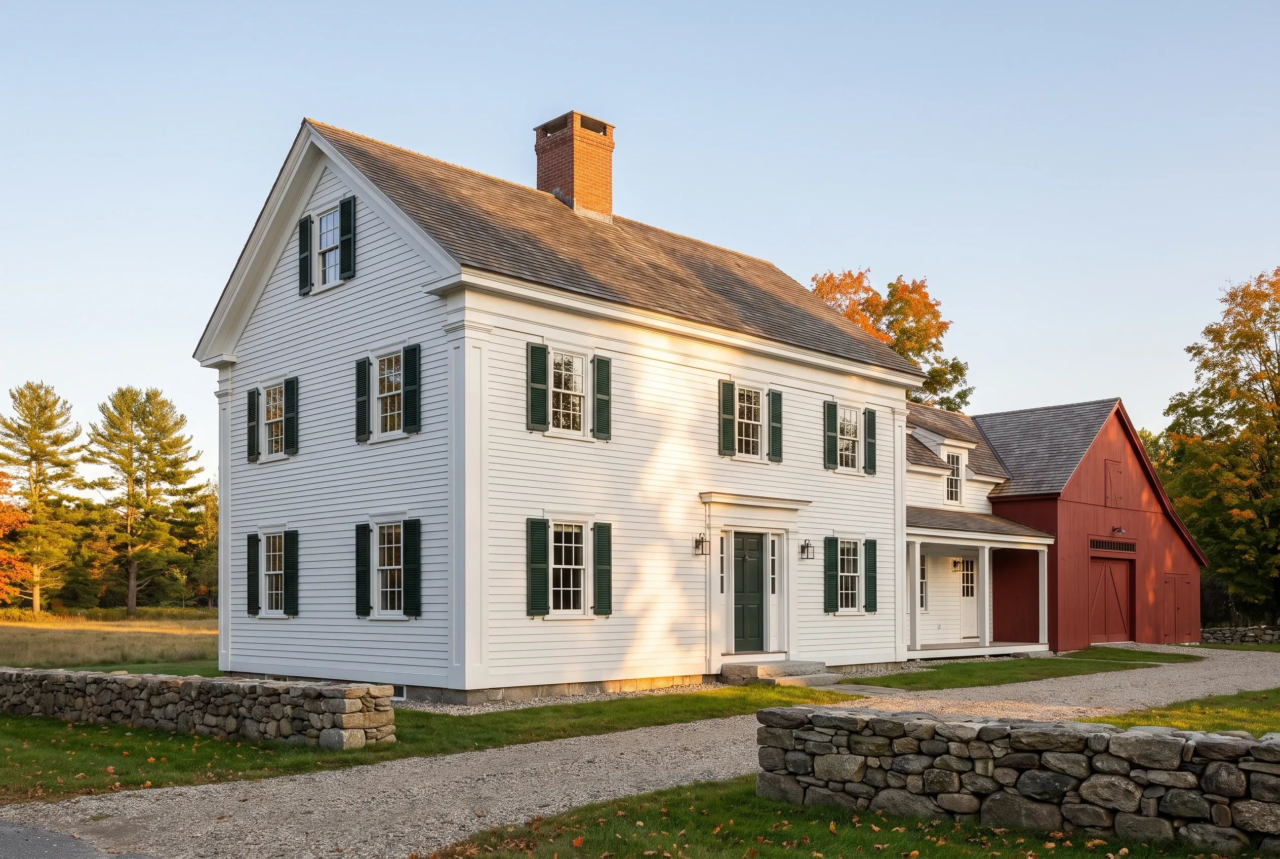 Re-sided colonial in Pownal, ME: White vinyl-sided two-story house with green shutters, brick chimney, and dark roof. Stone foundation and gravel driveway visible. Red barn in background. Autumn foliage surrounds property.
