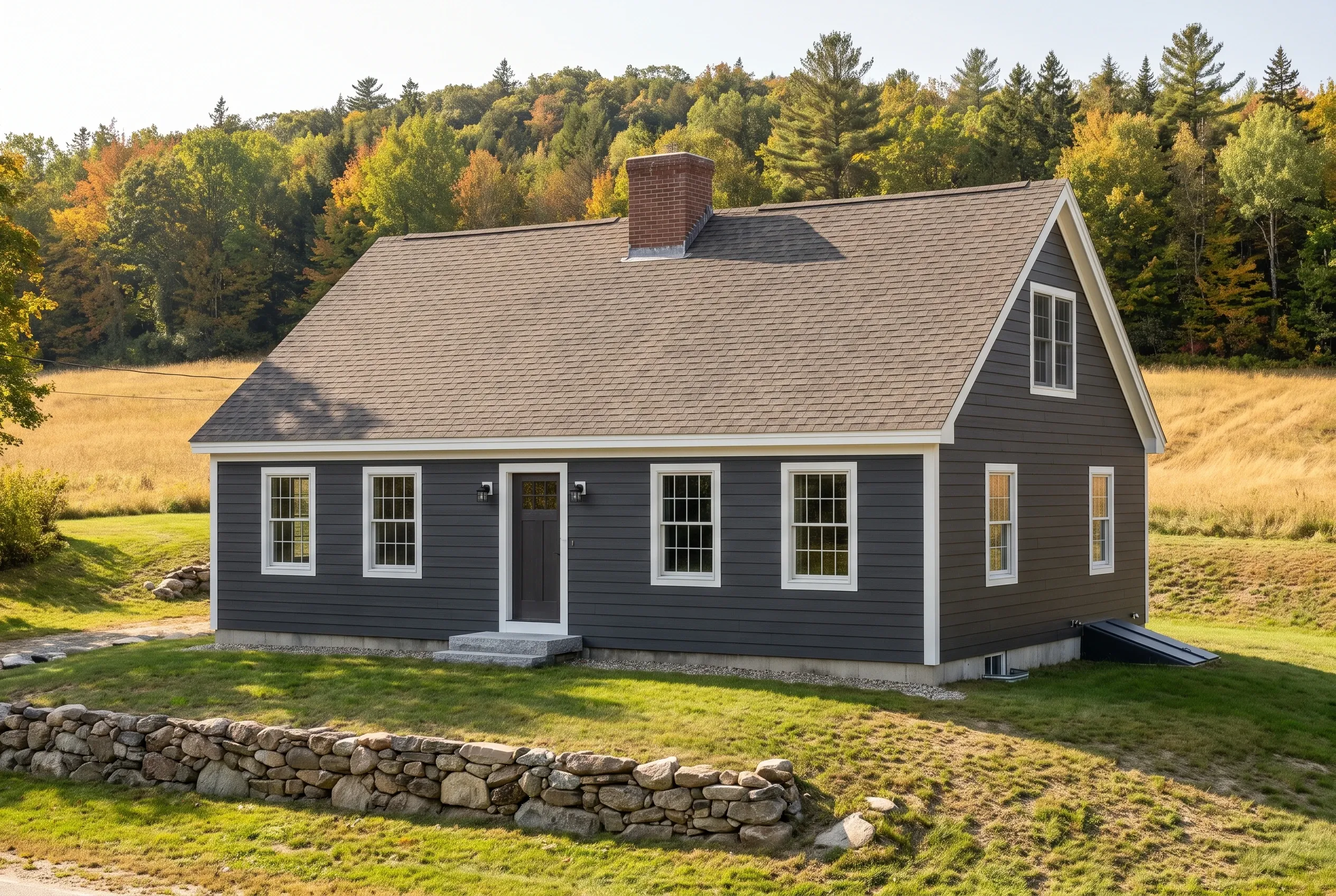 Siding contractors in Pownal, ME: Dark gray cottage with white trim and gable roof on grassy field with stone wall and autumn forest.
