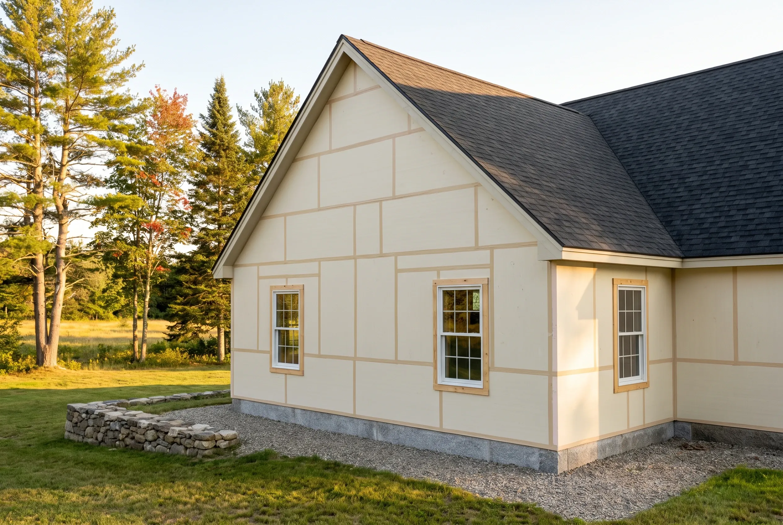Re-sided cottage in Pownal, ME: Cream-colored house with tan trim and dark gray roof, set among pine trees with stone foundation visible.