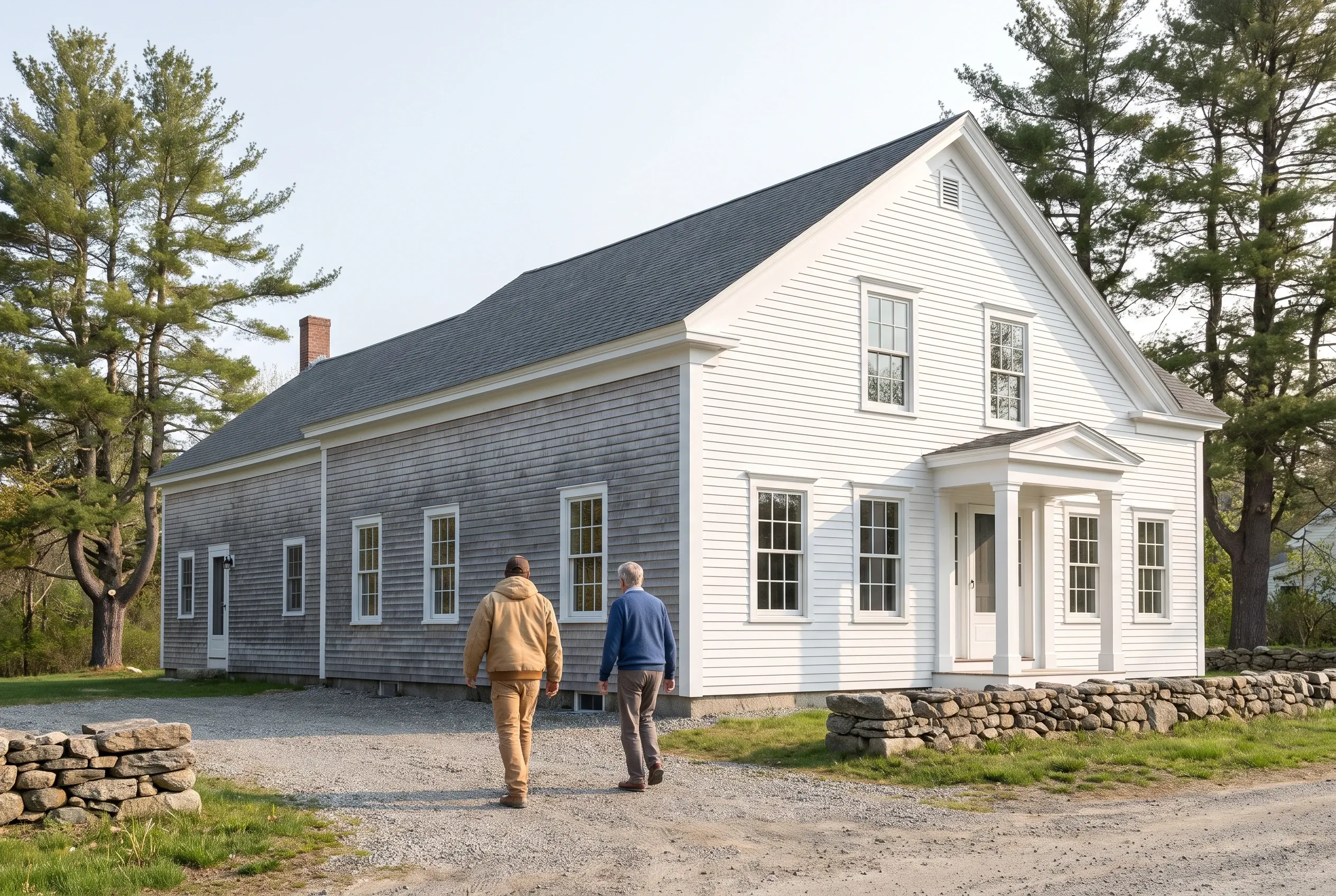 Re-sided farmhouse in Pownal, ME: Two men walk toward a white-sided house with gray shingle addition, dark roof, and stone foundation in a wooded setting.