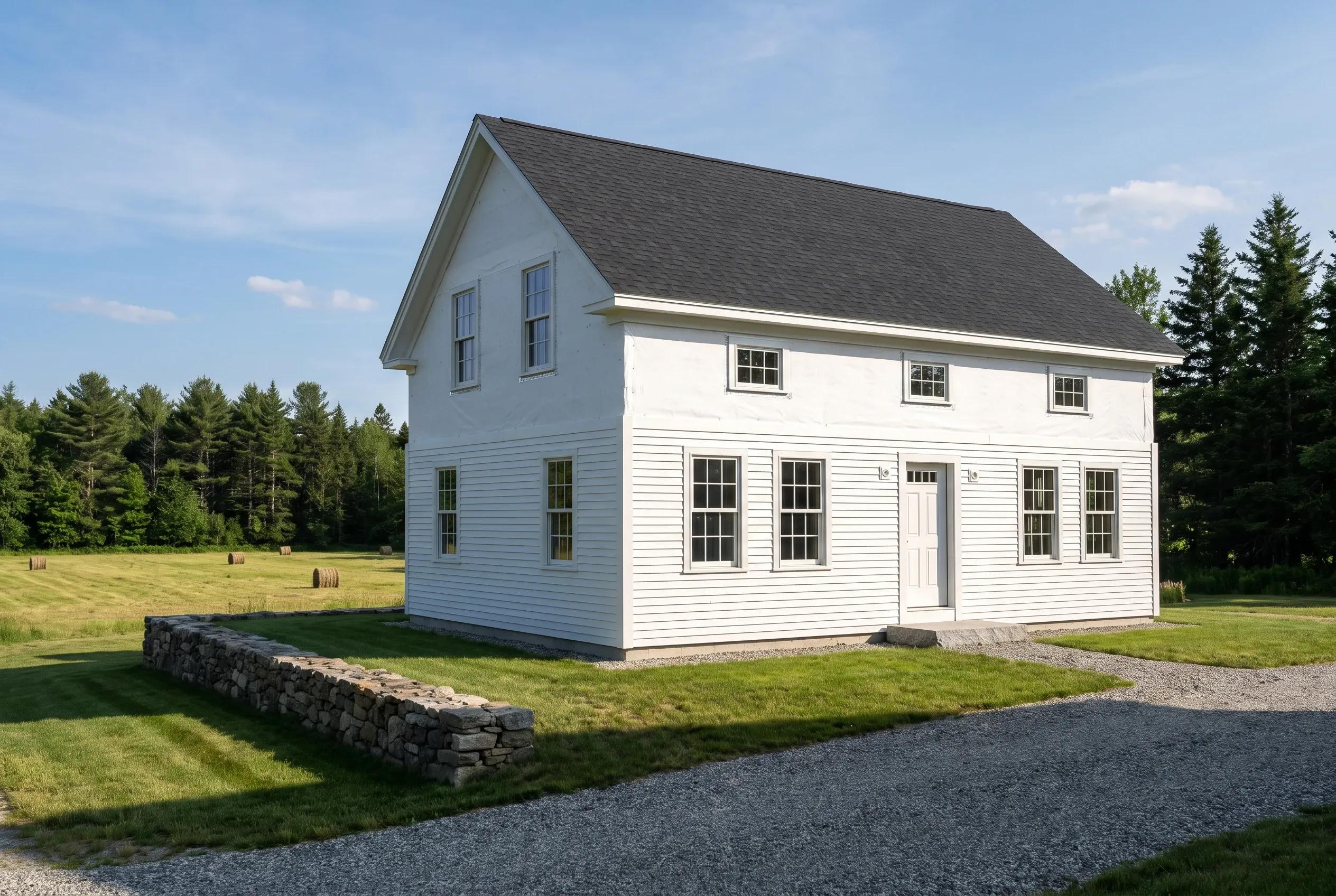 White colonial home in Pownal, ME: Two-story white vinyl-sided house with dark gray roof, white trim and door, surrounded by grass and evergreen trees, gravel driveway and stone wall in foreground.