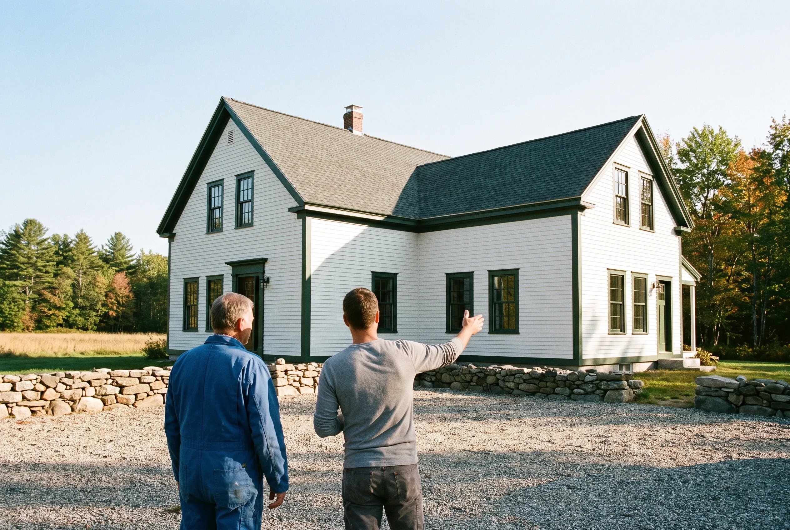 White farmhouse in Pownal, Maine: Two men stand in gravel driveway facing white-sided farmhouse with dark green trim and roof, stone foundation, autumn trees behind.