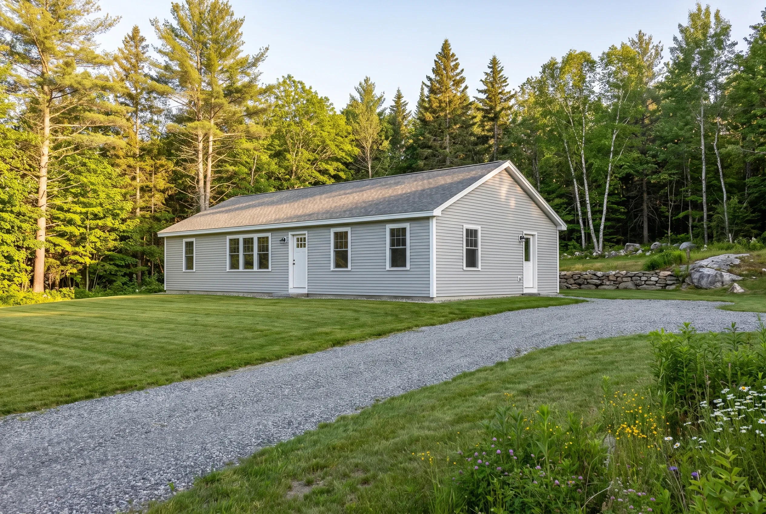 Modern ranch in Pownal, ME: Single-story white vinyl-sided house with dark roof, white trim, and multiple windows, surrounded by green lawn and evergreen forest.