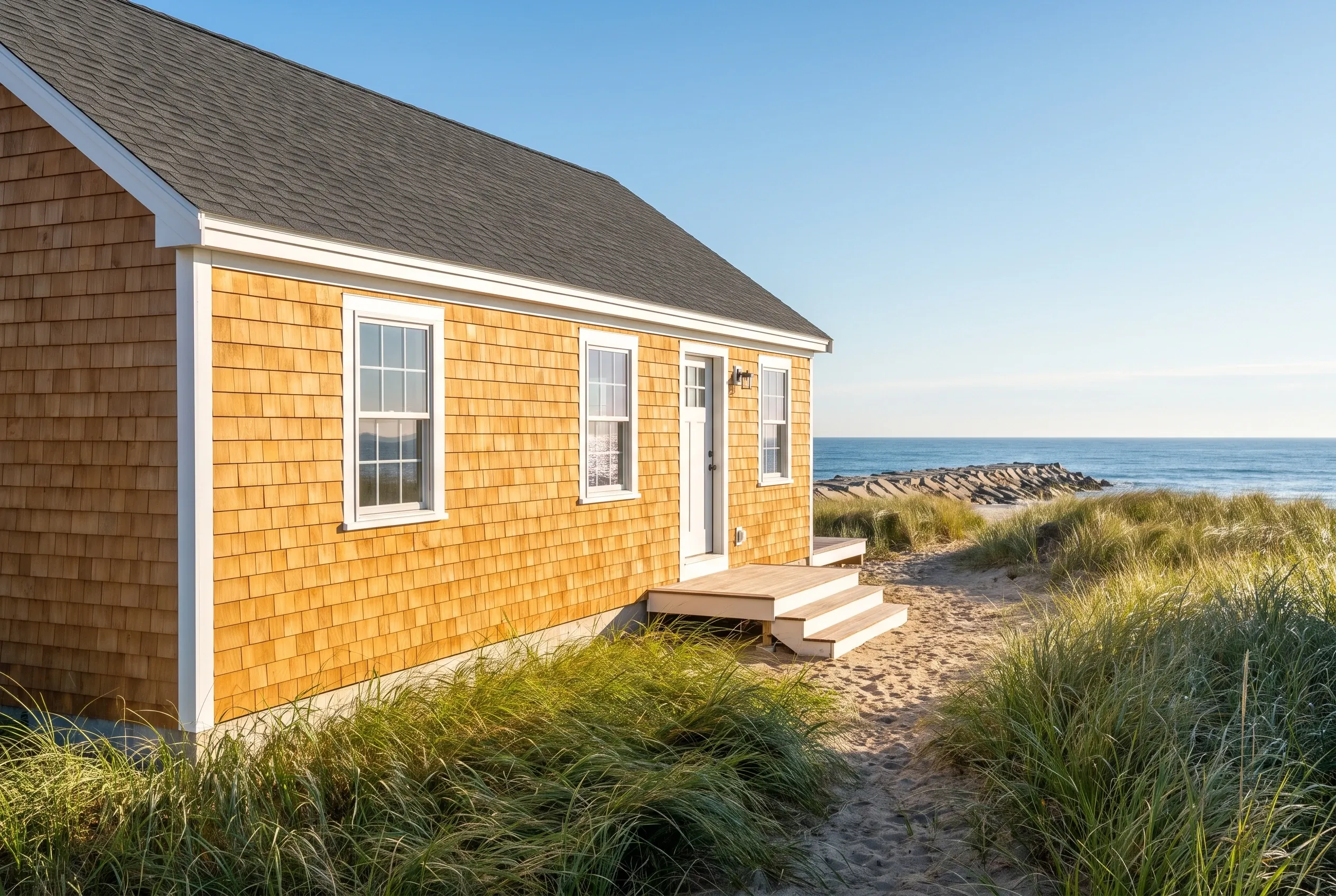 Beach cottage with orange cedar shake siding in Saco, ME: Single-story house with golden-orange shingle siding, white trim and fascia, dark gray roof, wooden entry steps, situated on sandy beach with dune grass and ocean view.