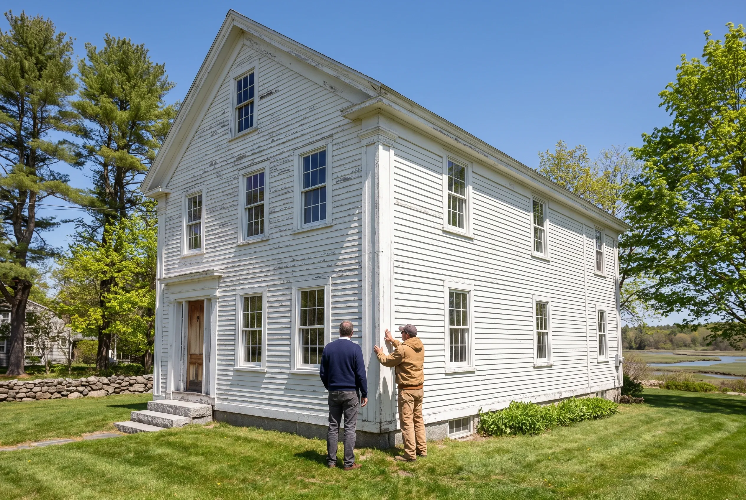 Re-sided colonial in Saco, Maine: Two men examine white vinyl siding on a two-story house with white trim and gabled roof, situated on a lawn with trees and water visible in the background.