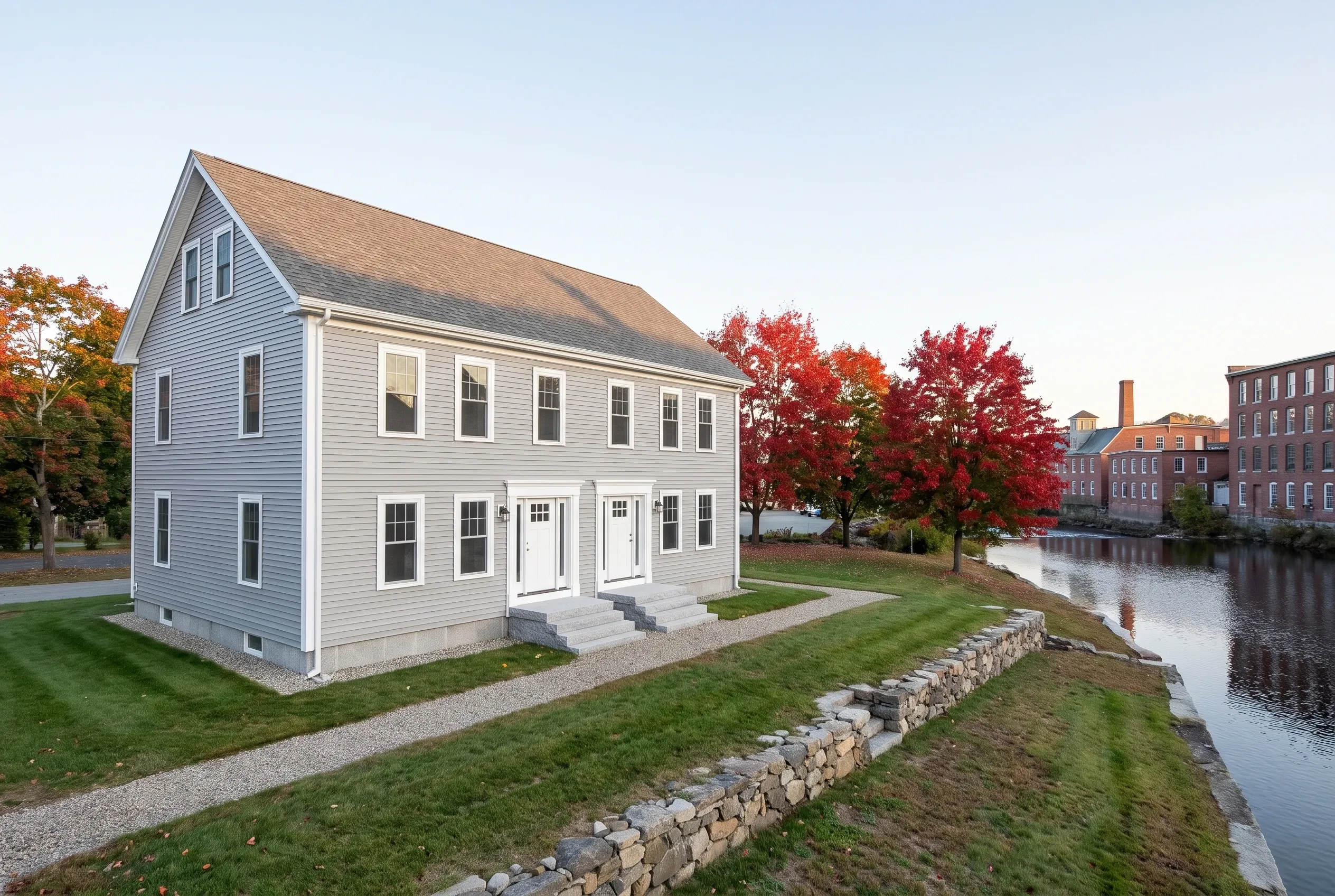 Re-sided colonial home in Saco, ME: White vinyl-sided two-story house with black roof, white trim and shutters, stone foundation, situated on landscaped lawn beside river with fall foliage and brick buildings visible in background.