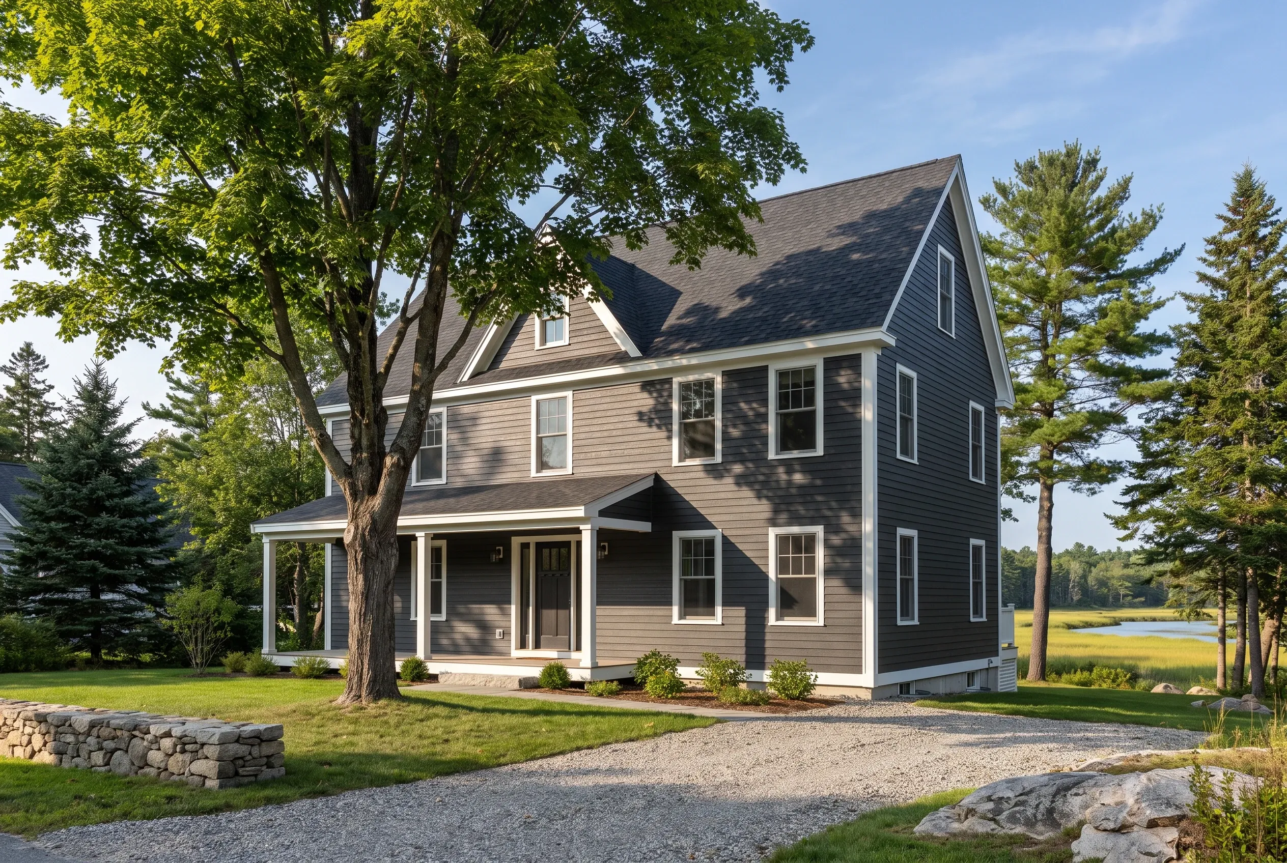 Siding contractors in Saco, ME: Two-story farmhouse with gray horizontal lap siding, white trim, and dark gray roof situated on gravel driveway surrounded by mature trees and open lawn.