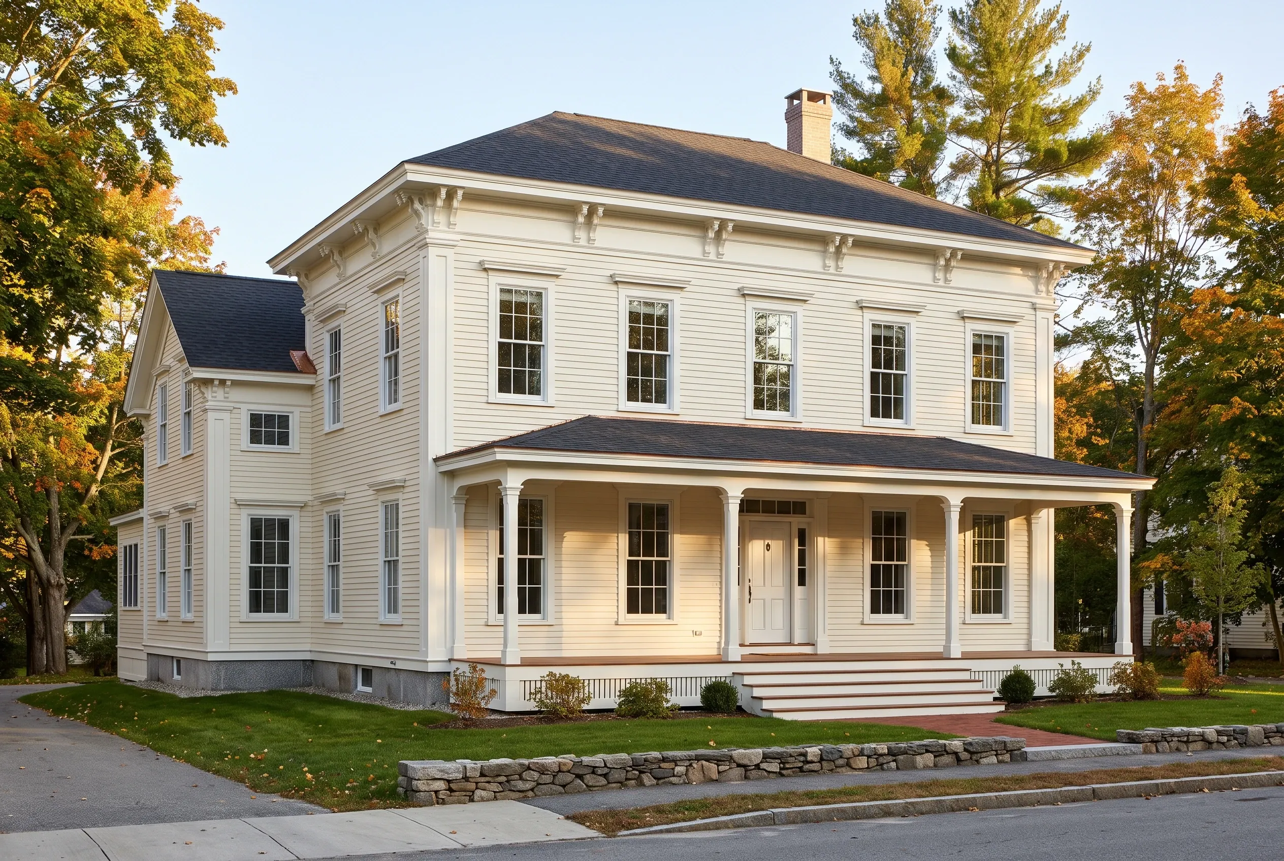 Re-sided colonial in Saco, ME: Two-story white vinyl-sided house with dark roof, white trim and columns, front porch, surrounded by autumn trees and stone foundation border.