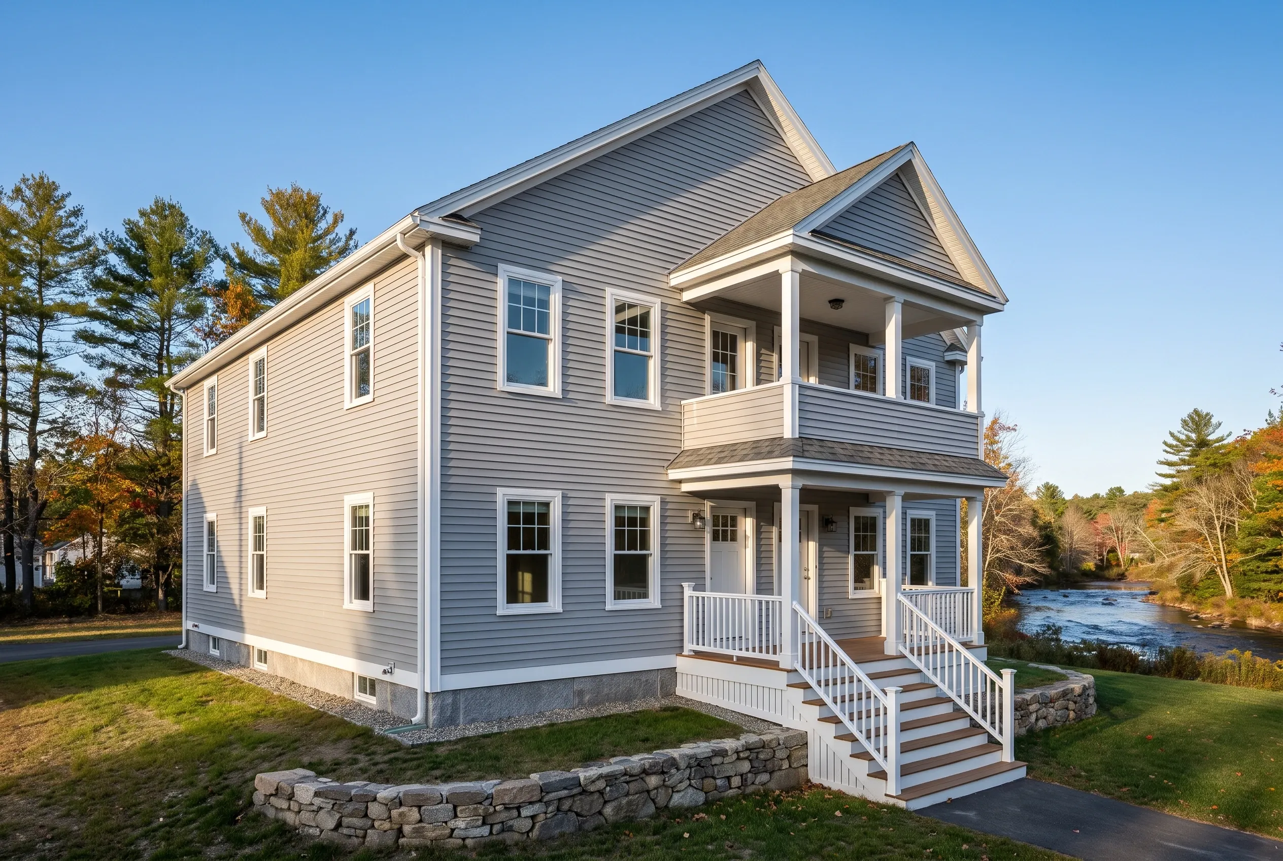 Blue and cream colonial home in Saco, ME: Two-story house with blue horizontal siding, white trim, gabled roof, white railings, front porch, stone foundation, situated on grassy lot near river and trees.