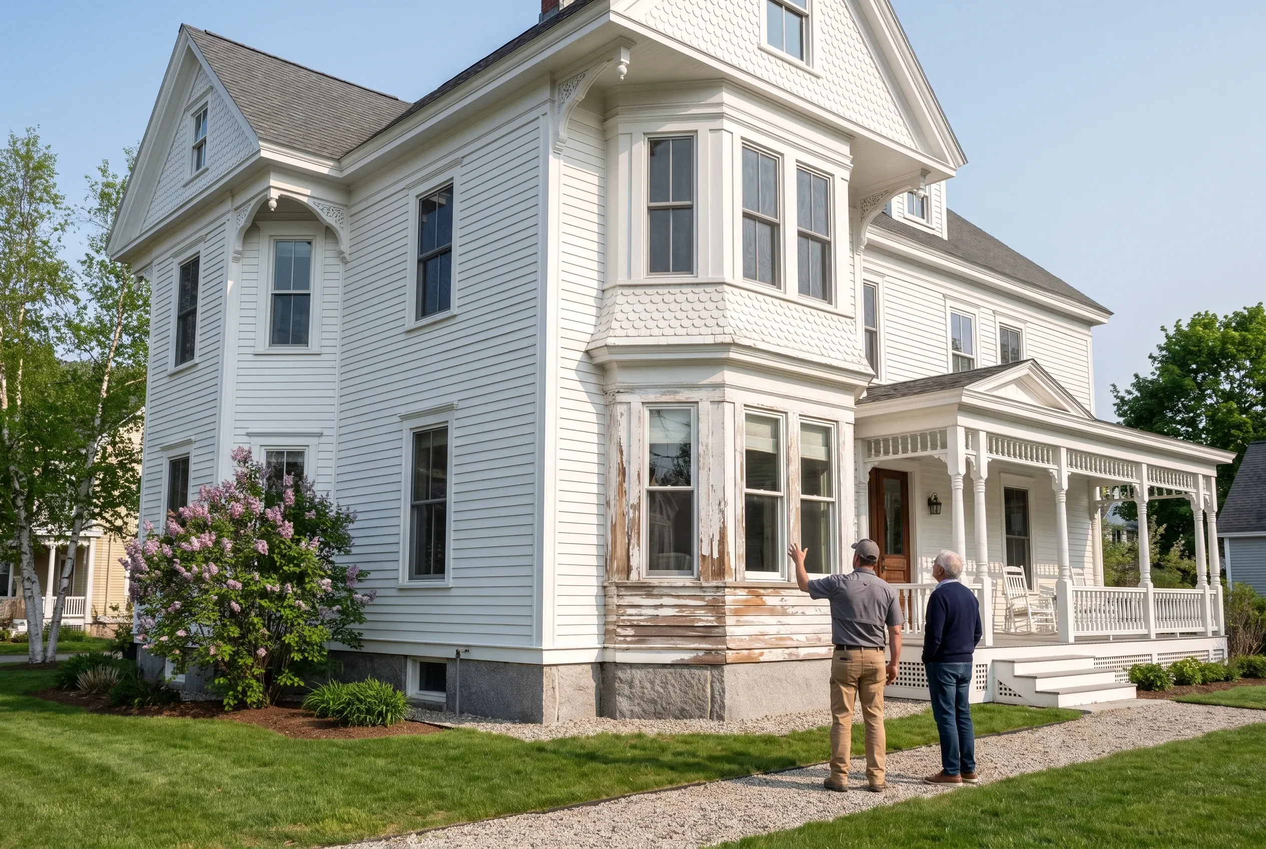 Re-sided colonial in Saco, ME: Two-story white vinyl-sided house with gray roof, white trim and porch, stone foundation, blooming shrubs, two men standing in front examining the home.