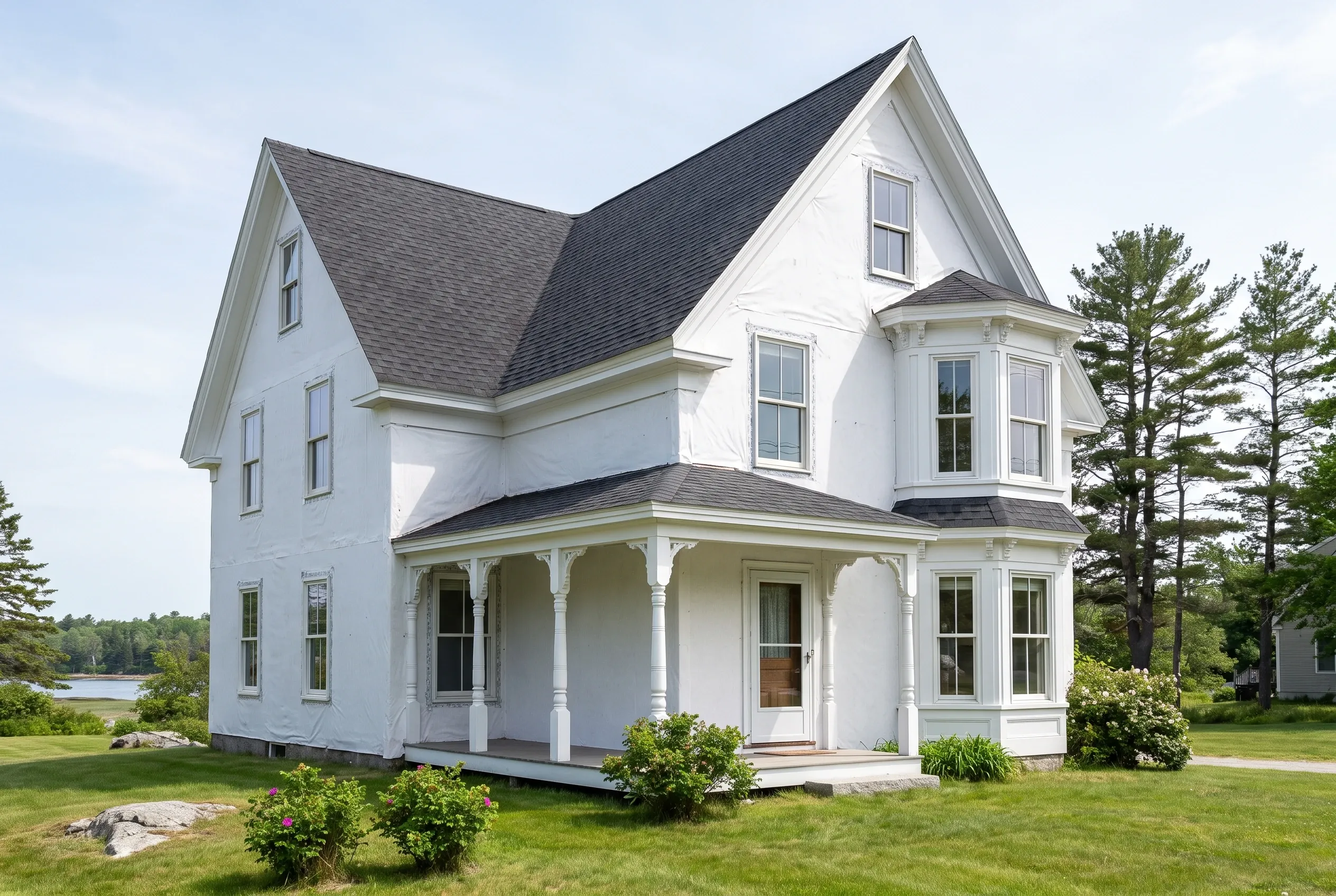 White farmhouse in Saco, Maine: Two-story white vinyl-sided farmhouse with black roof, white trim and columns, front porch, situated on lawn with evergreen trees and water visible in background.