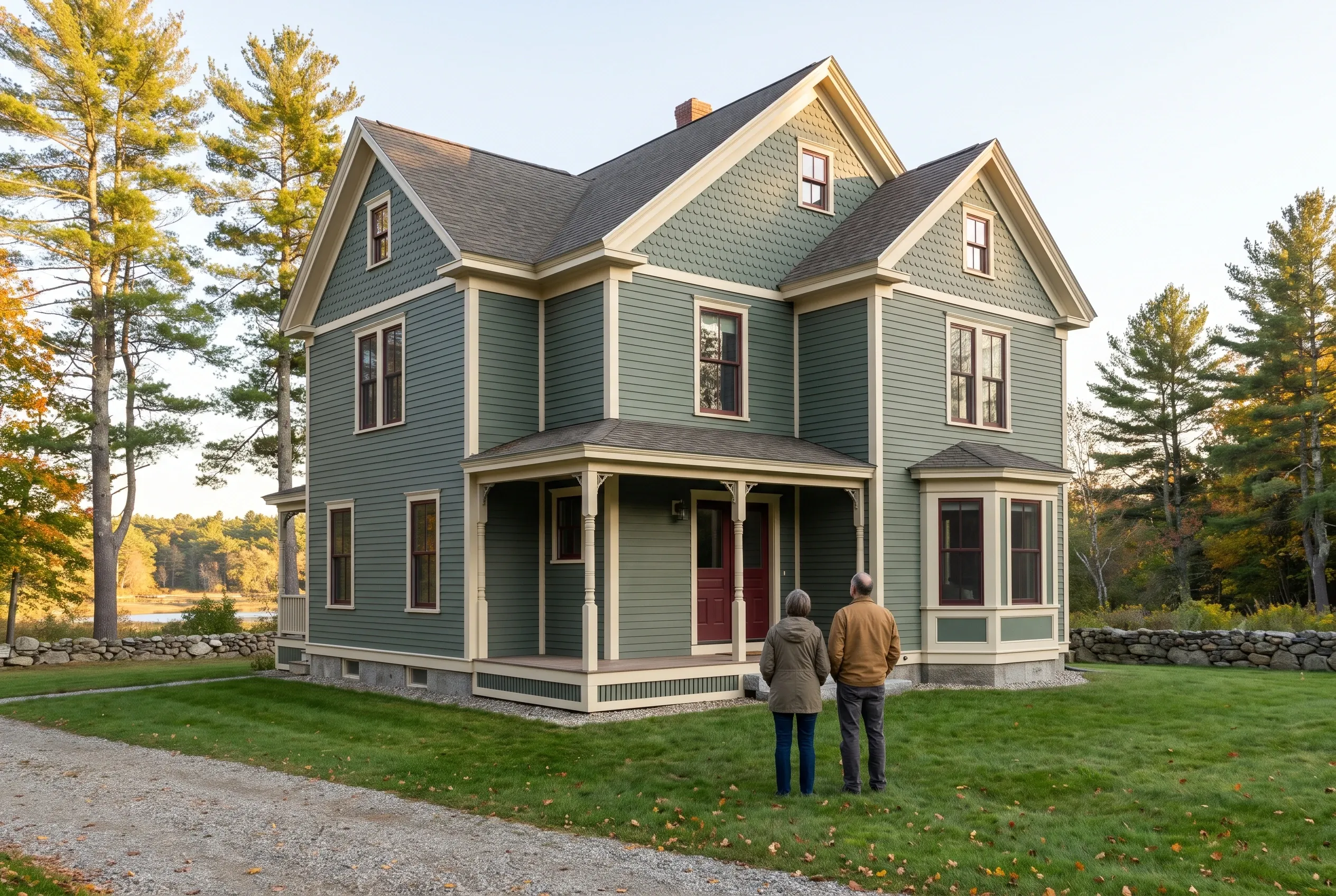 Re-sided farmhouse in Saco, ME: Two-story green house with cream trim, dark roof, front porch. Two people standing in yard viewing the home. Pine trees and stone wall visible.