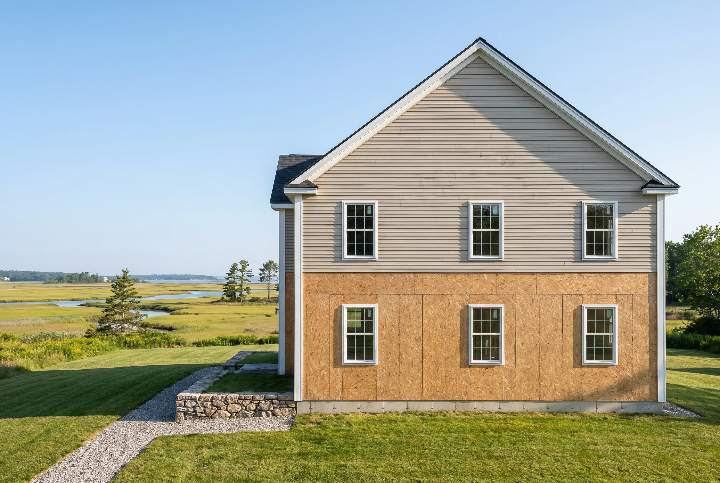 Re-sided two-story home in Scarborough, Maine: A two-story house with tan plywood lower level and white horizontal siding upper level, white trim, dark roof, situated on a sloping lawn overlooking marsh and water.