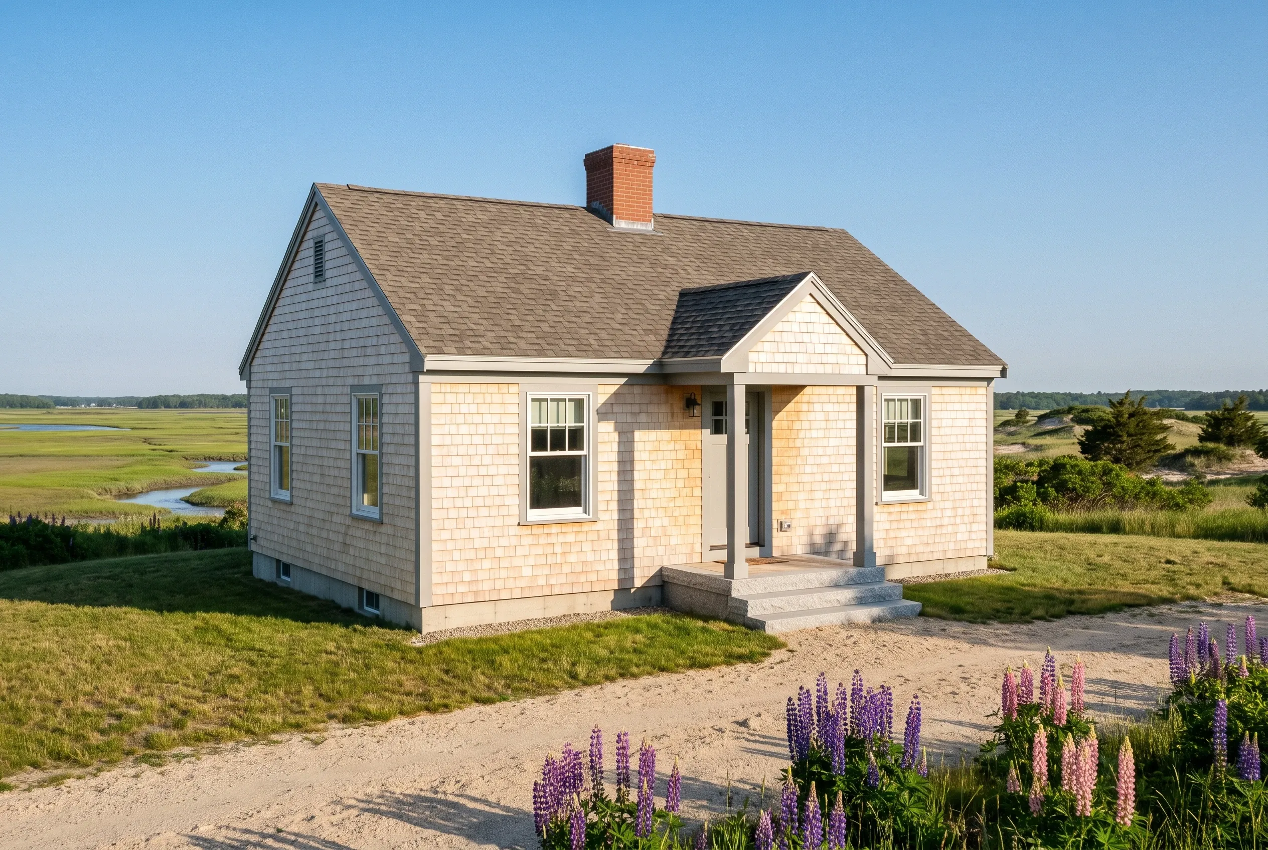 Light-colored shingle cottage in Scarborough, Maine: Small residential home with cream-colored wood shingle siding, dark roof, brick chimney, and covered front porch. Set in rural landscape with purple lupines in foreground and marsh visible in distance.