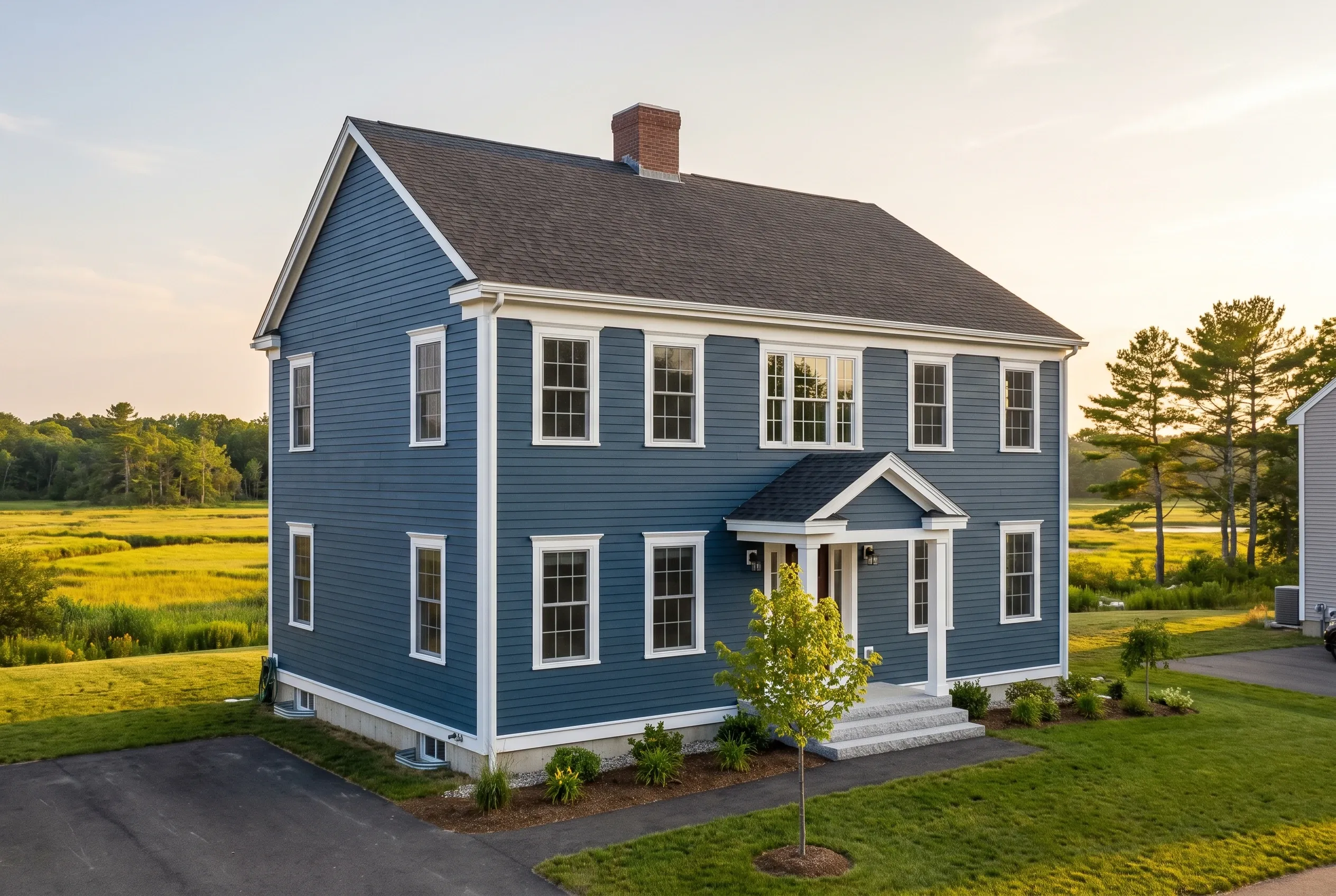 Siding contractors in Scarborough, ME: Blue two-story house with white trim and dark roof in rural setting with green lawn and trees.