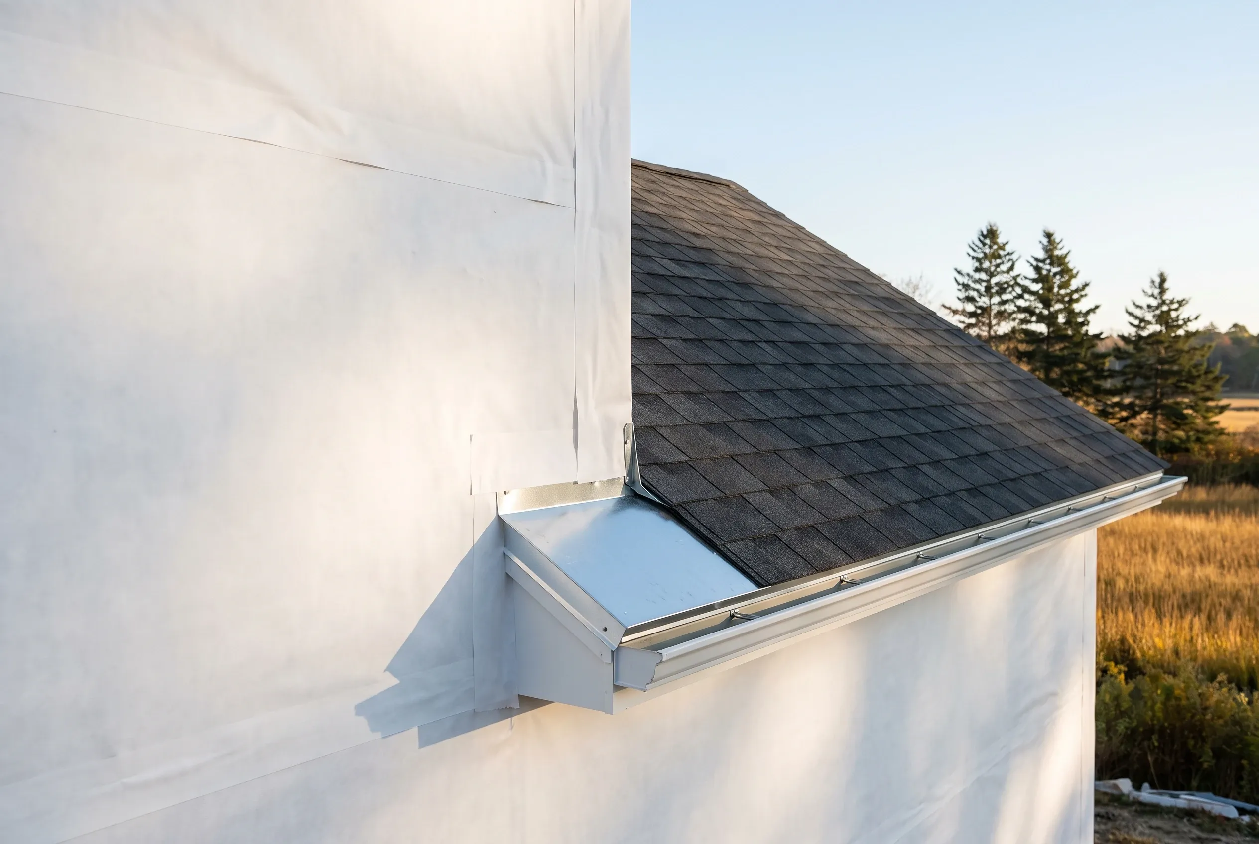 White-sided house addition in Scarborough, ME: Close-up of white vinyl siding with dark asphalt shingle roof and metal trim, evergreen trees visible in background.
