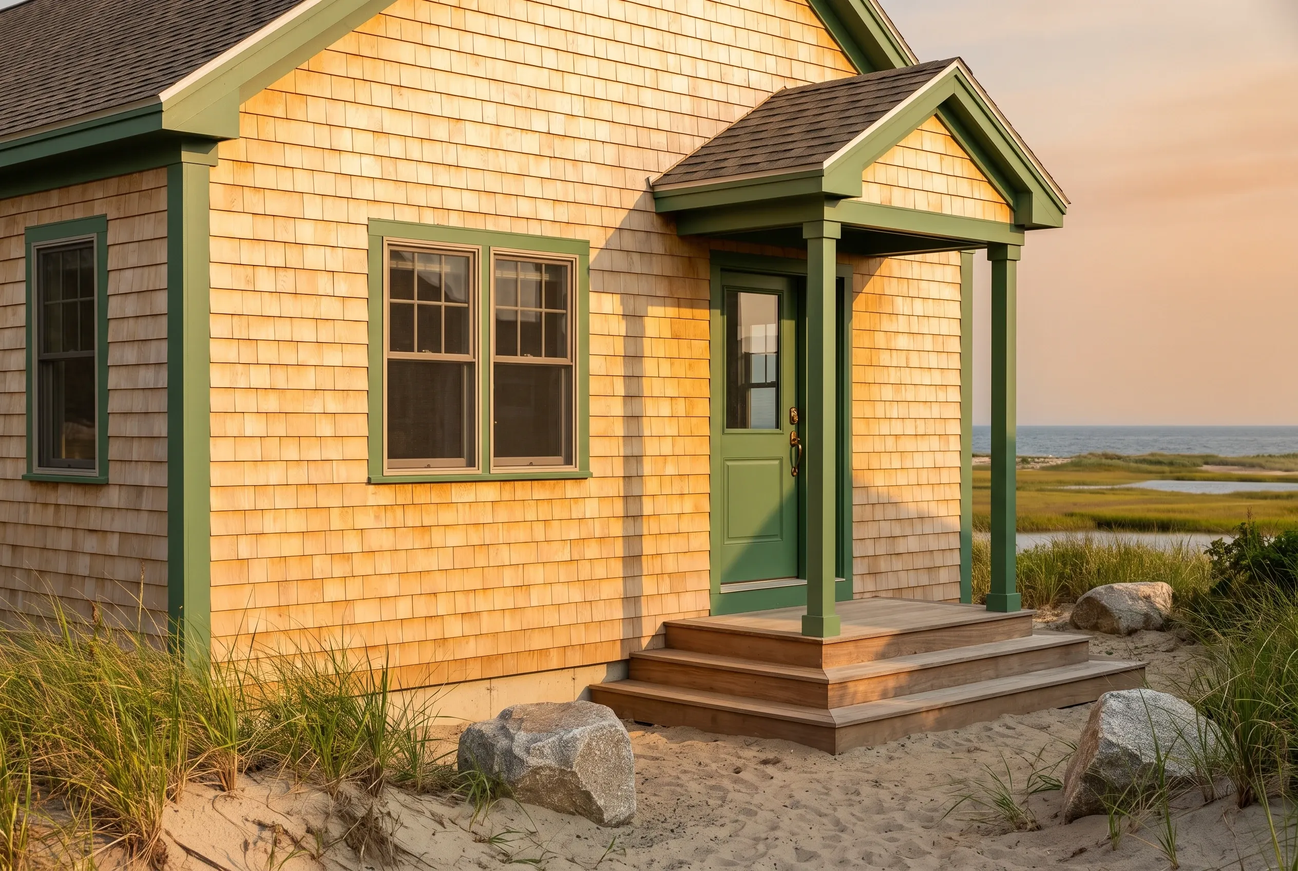 Re-sided beach cottage in Scarborough, ME: Yellow cedar shake siding with green trim on a small cottage with gabled roof, wooden front porch, and sandy beach setting with marsh grasses visible.