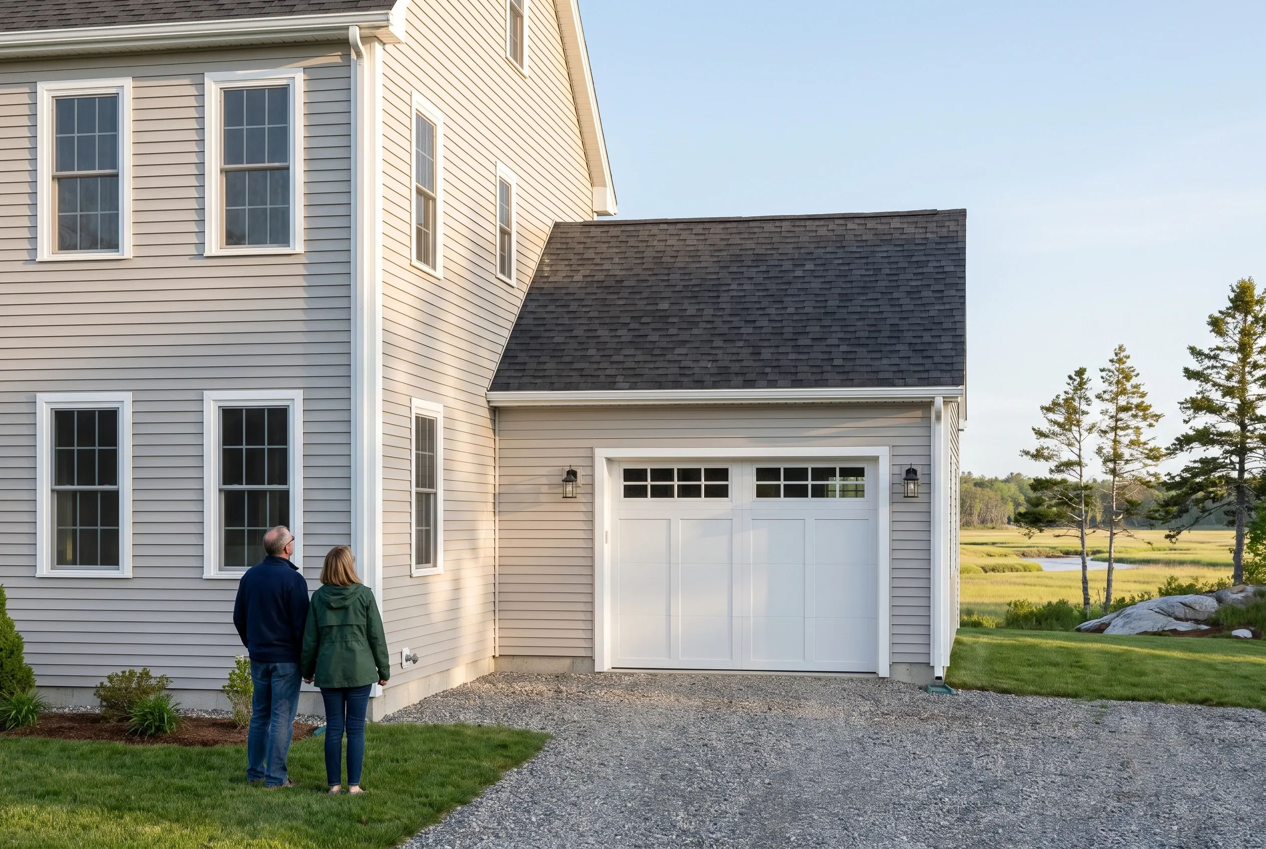 Residential home siding replacement in Scarborough, ME: Two people stand on the lawn beside a two-story house with light gray vinyl siding, white trim, and dark roof. A detached garage with matching siding is visible. Open fields and evergreen trees surround the property.