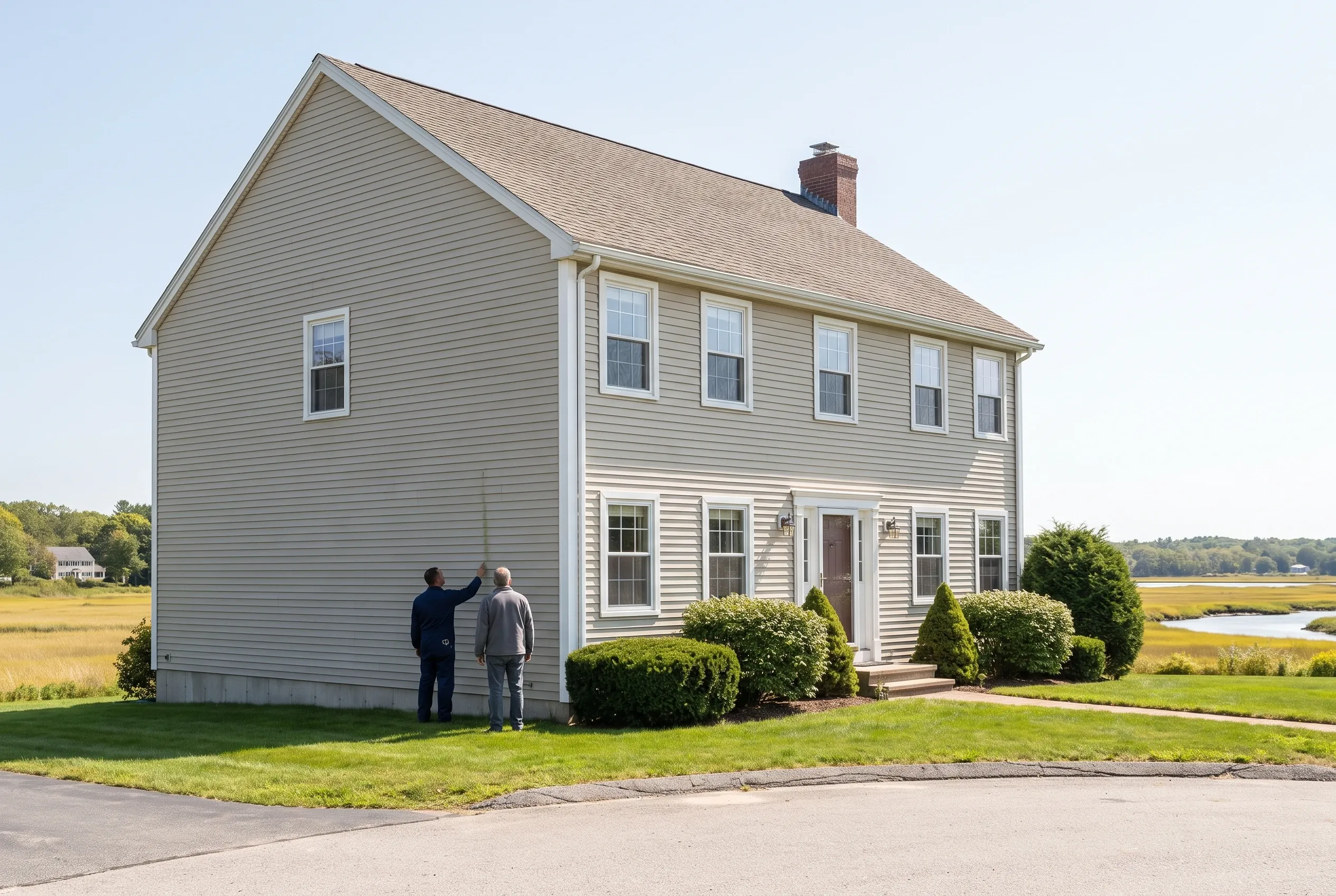 Re-sided colonial home in Scarborough, Maine: Two-story house with gray and white horizontal vinyl siding, white trim, and tan roof with brick chimney. Two men stand on the lawn examining the left side of the house. Green shrubs line the foundation. Flat coastal landscape with marsh visible in background.