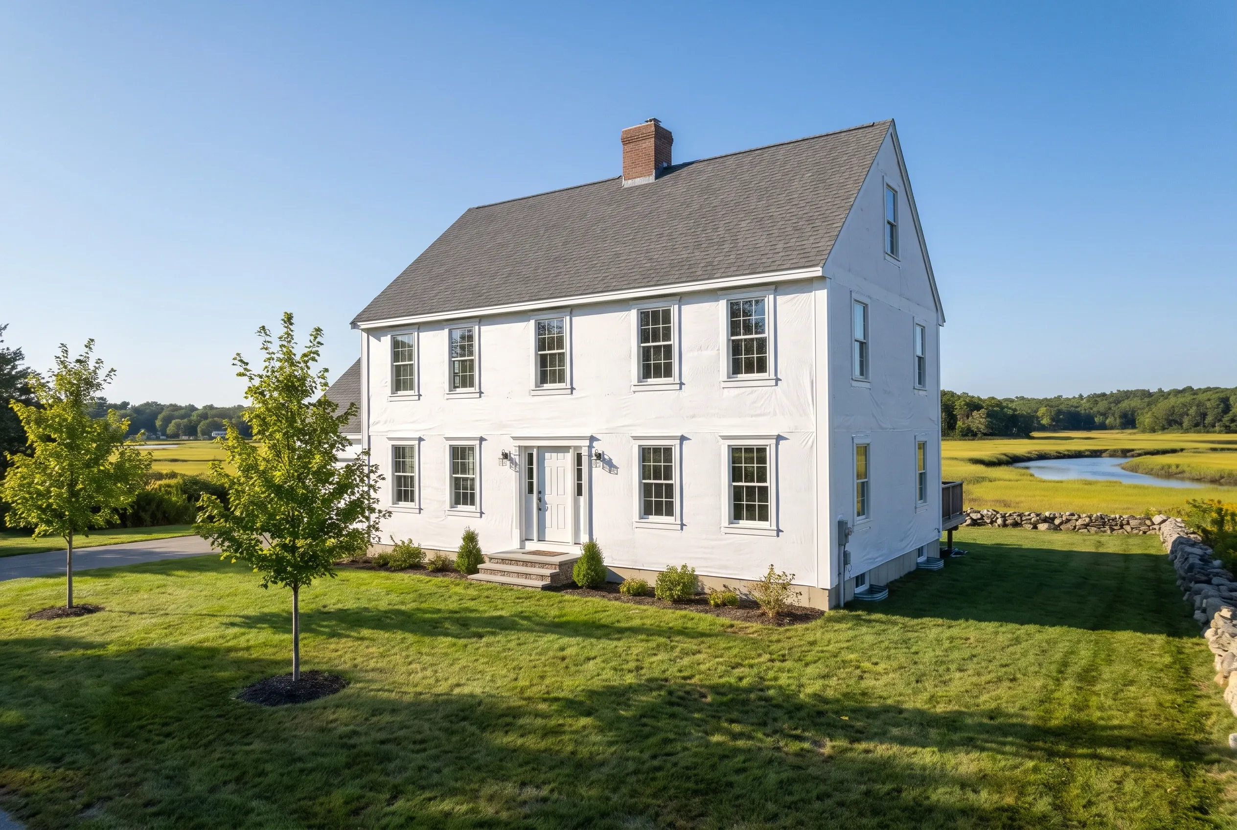 White colonial home in Scarborough, ME: Two-story white-sided house with black-trimmed windows, gray roof, brick chimney, situated on green lawn with pond and trees visible in background.