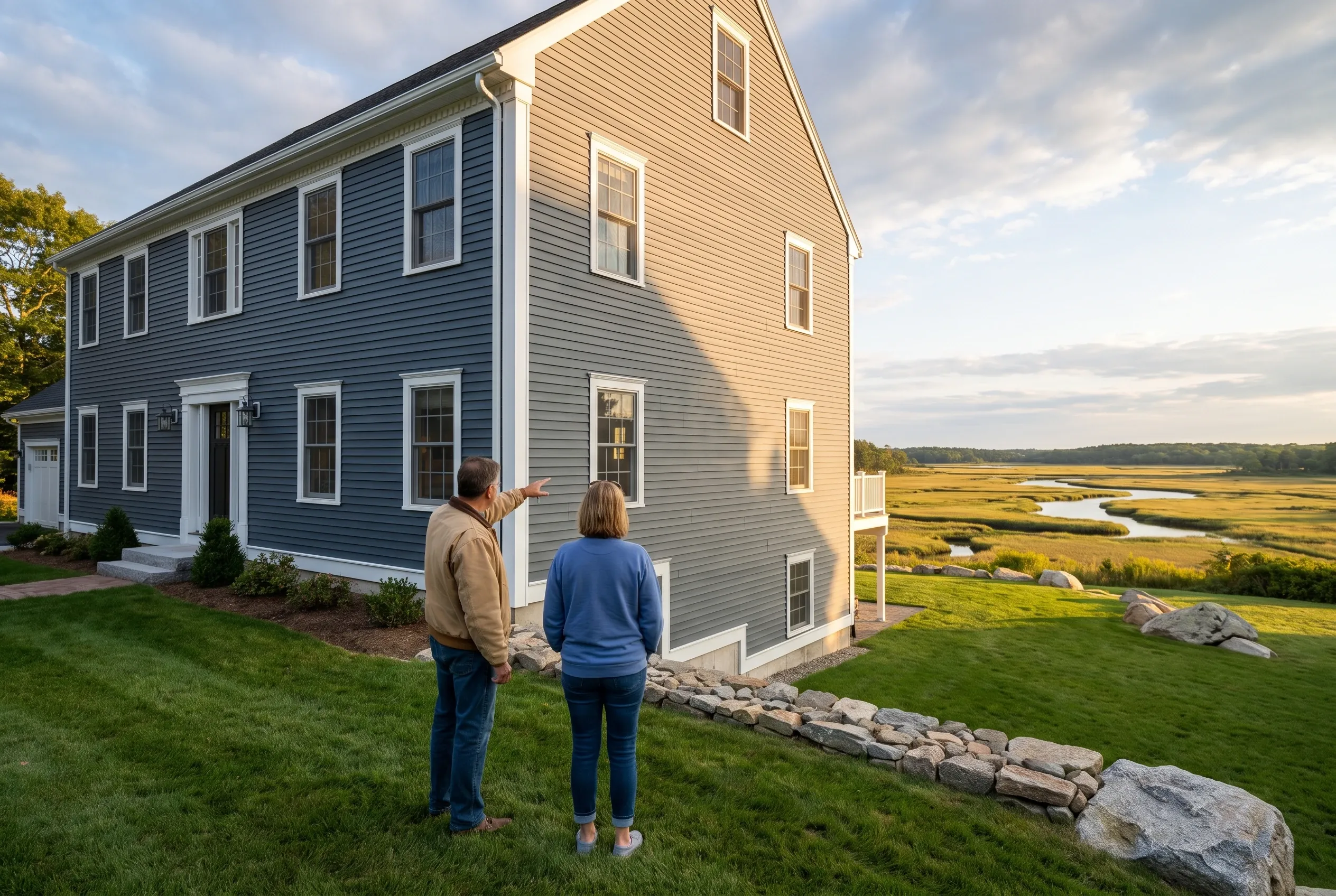 Re-sided colonial in Scarborough, ME: Two-story house with blue and cream horizontal siding, white trim, and dark roof. Couple standing on lawn viewing the house with coastal marsh and water visible in background.