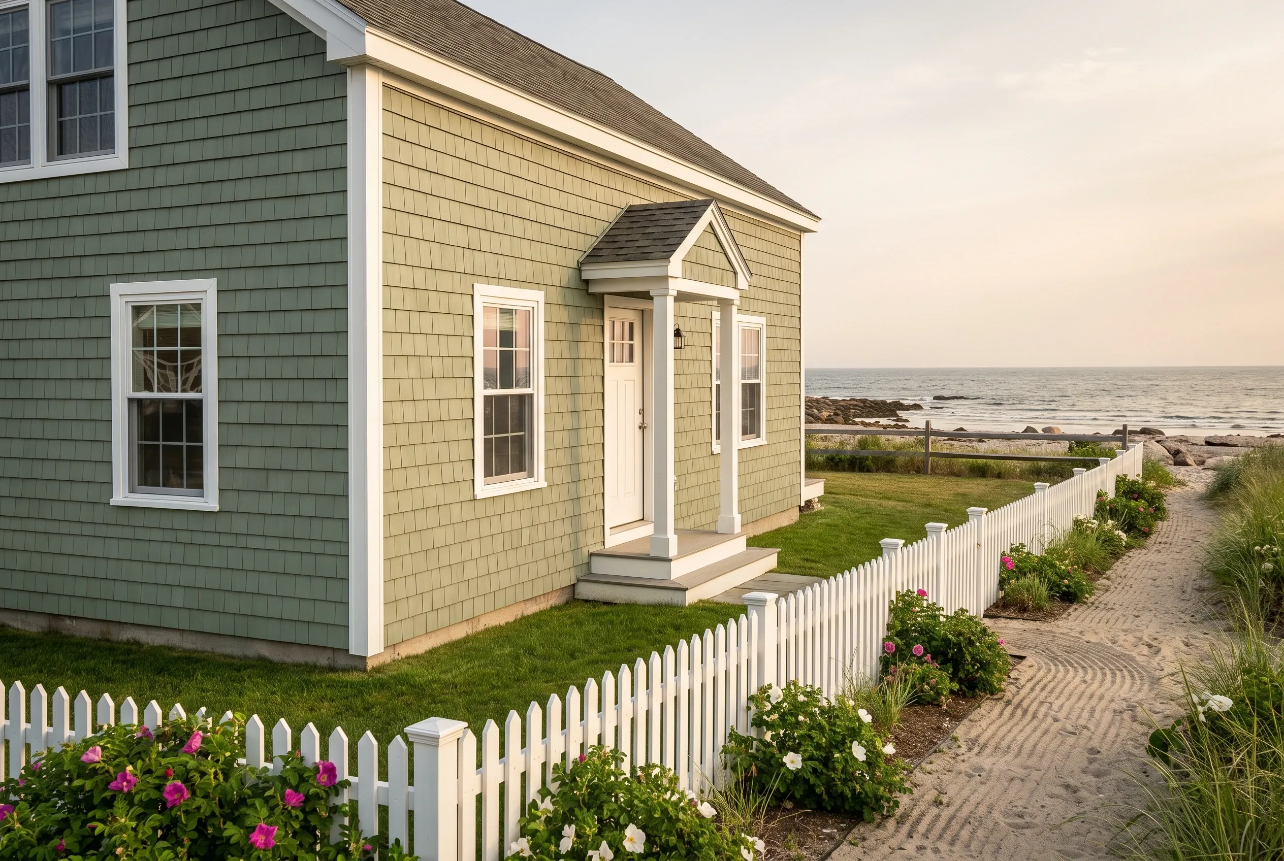 Beachfront cottage with new siding in South Portland, Maine: Yellow shingle-sided cottage with white trim and peaked roof beside green lawn, white picket fence, flowering shrubs, and ocean view.