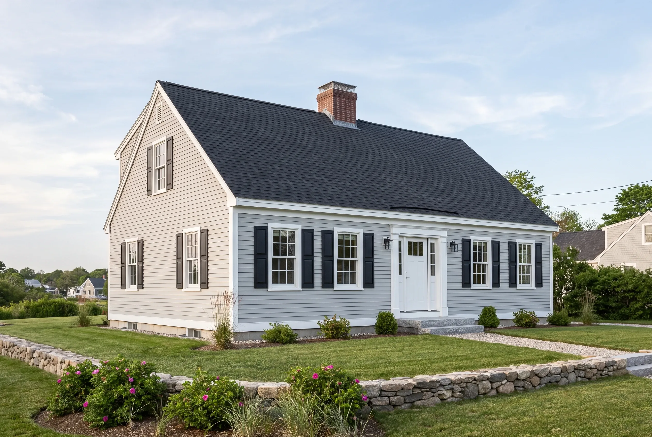 Siding contractors in South Portland, ME: White vinyl-sided Cape Cod house with black shutters, brick chimney, and dark roof on manicured lawn with stone border and landscaping.