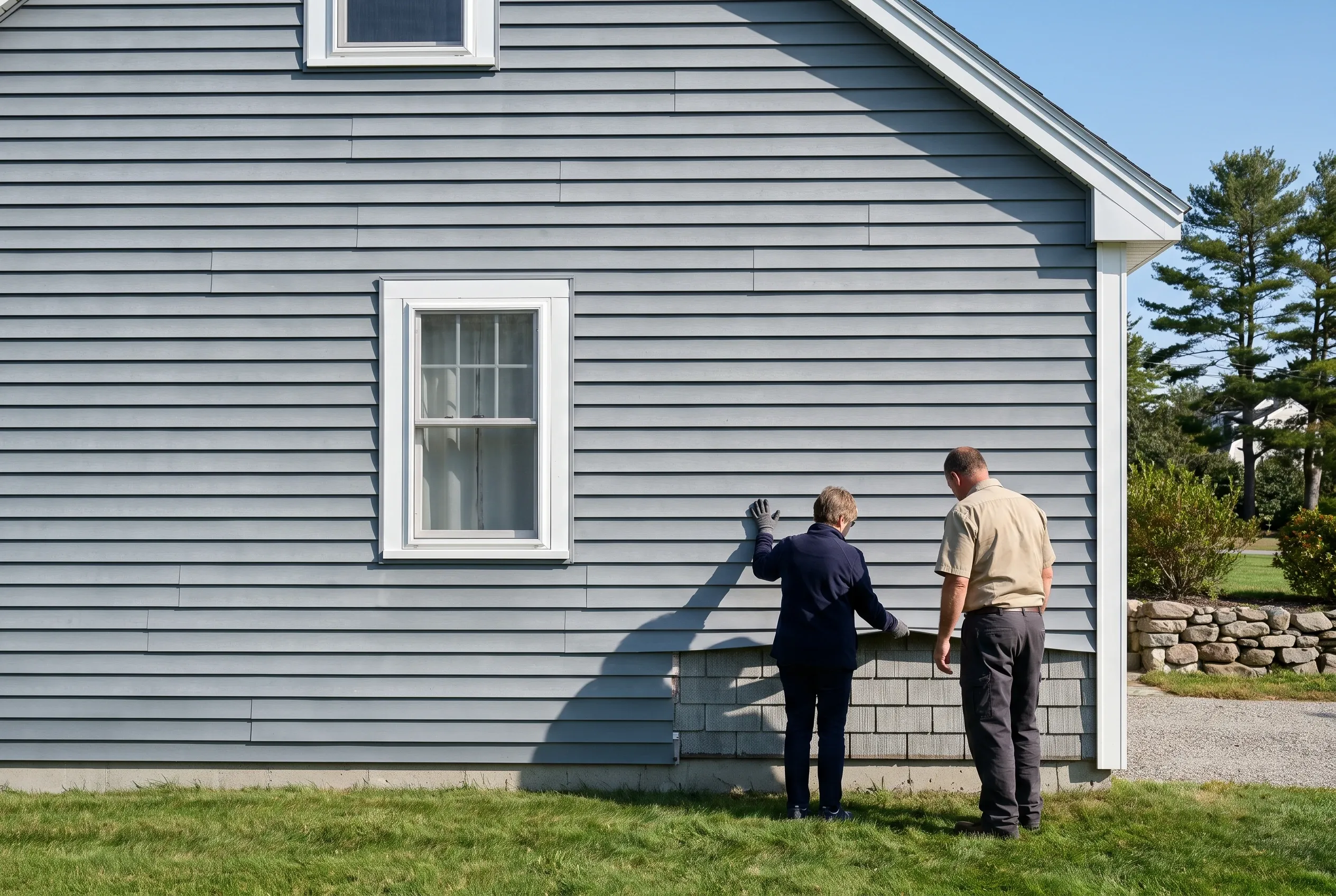 Gray Siding Replacement in South Portland: Two men examine the side of a house with horizontal gray siding, white-trimmed windows, and stone foundation, with lawn and evergreen trees visible.