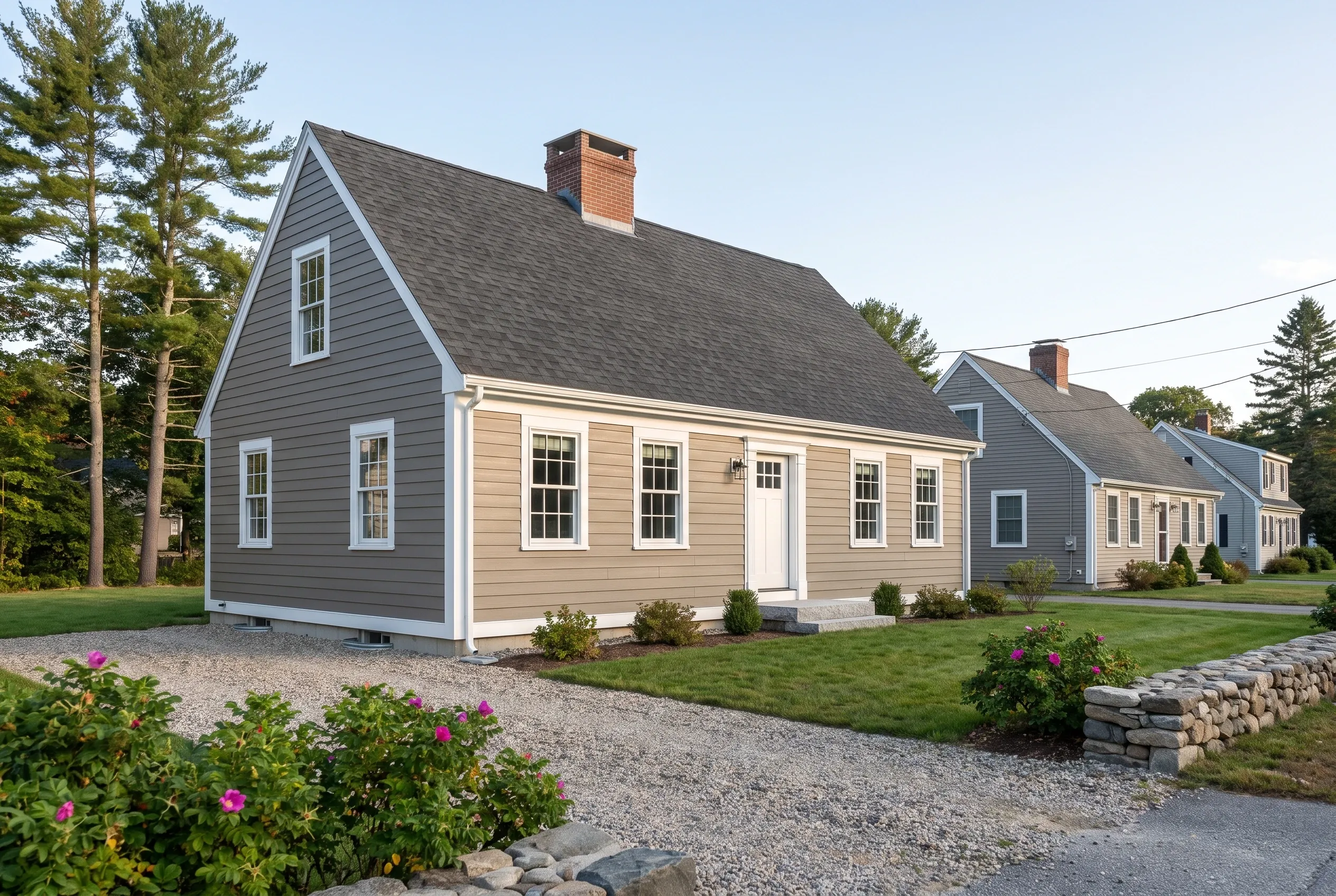 Re-sided Cape Cod in South Portland, ME: Tan and gray sided house with white trim and dark roof, surrounded by landscaping and evergreen trees.