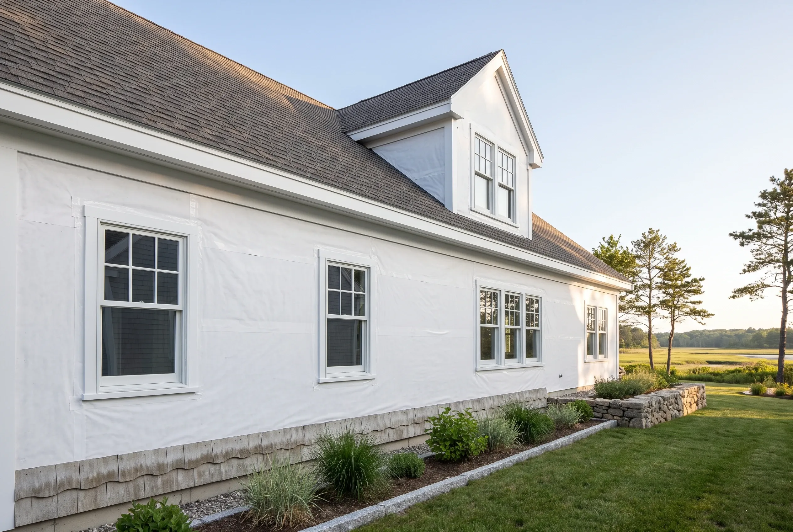 White-sided home in South Portland, Maine: Single-story white house with dormer, dark shingle roof, white trim, stone foundation, landscaped front with lawn and evergreens, open field and trees visible beyond.