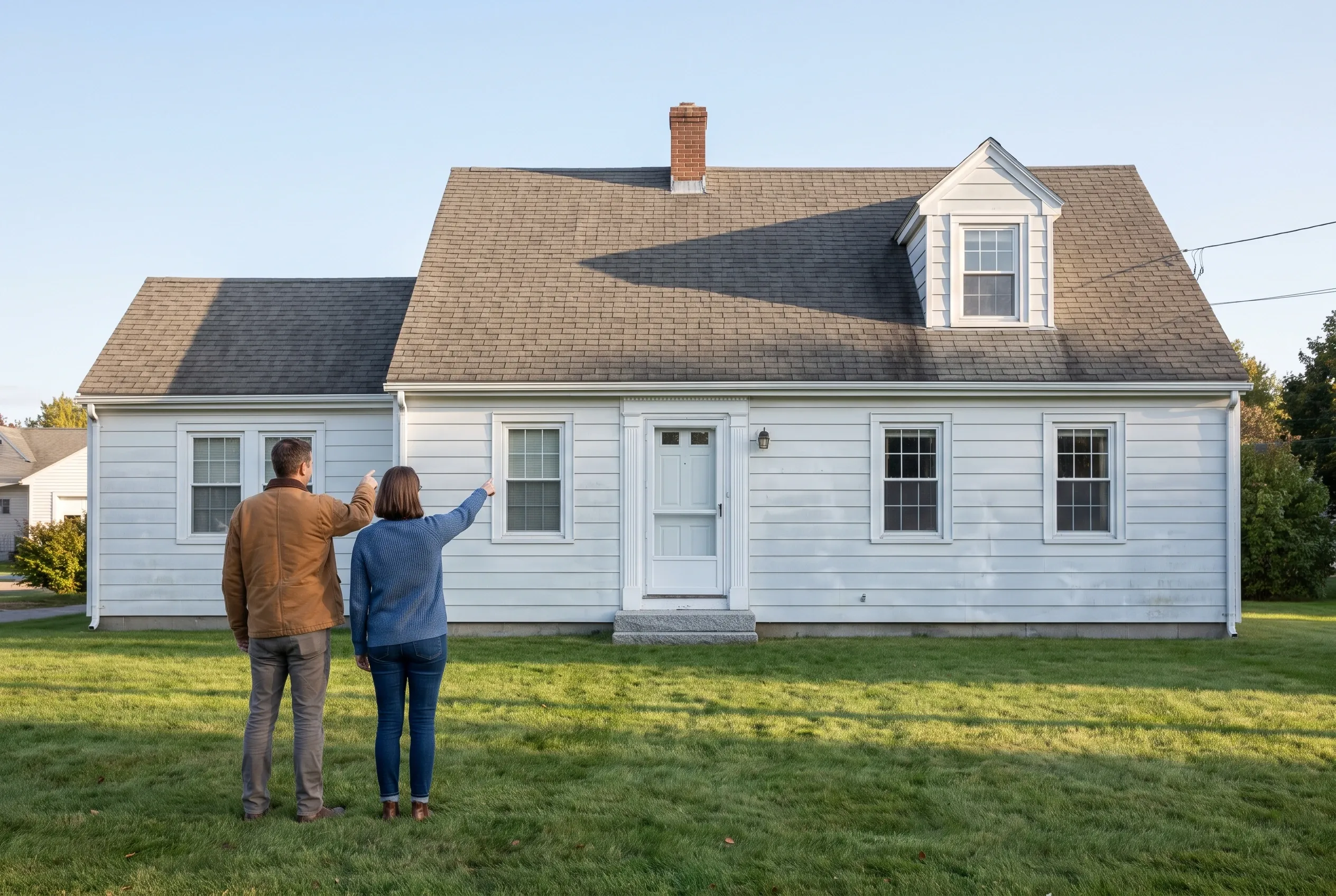 White Cape Cod in South Portland, ME: Couple standing on lawn viewing white-sided house with white trim, dormered roof with asphalt shingles and brick chimney.
