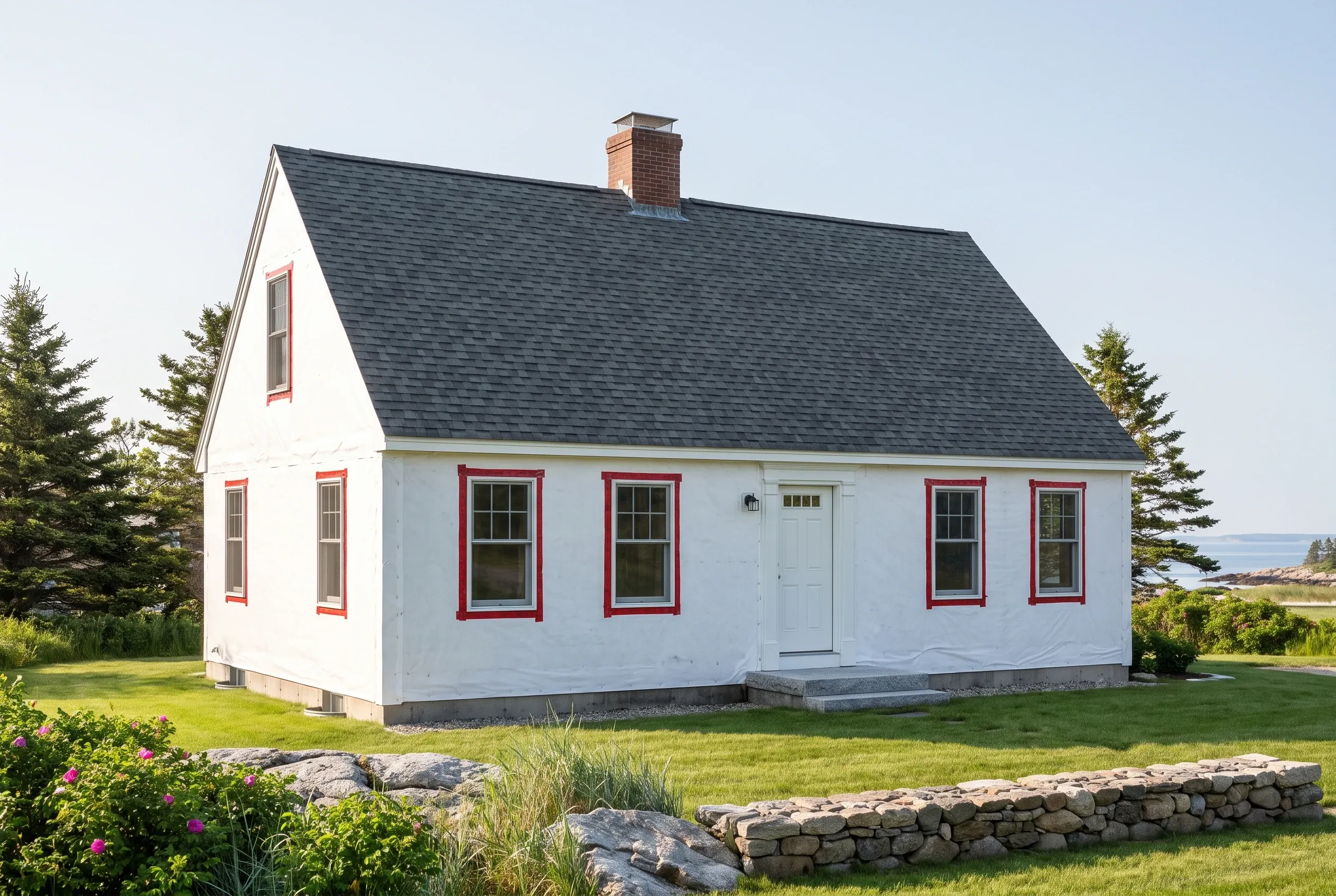 White cottage with red trim in South Portland, Maine: Single-story white-sided house with red window and door trim, dark gray roof, brick chimney, set on grass with stone walls and evergreen trees, ocean visible in distance.