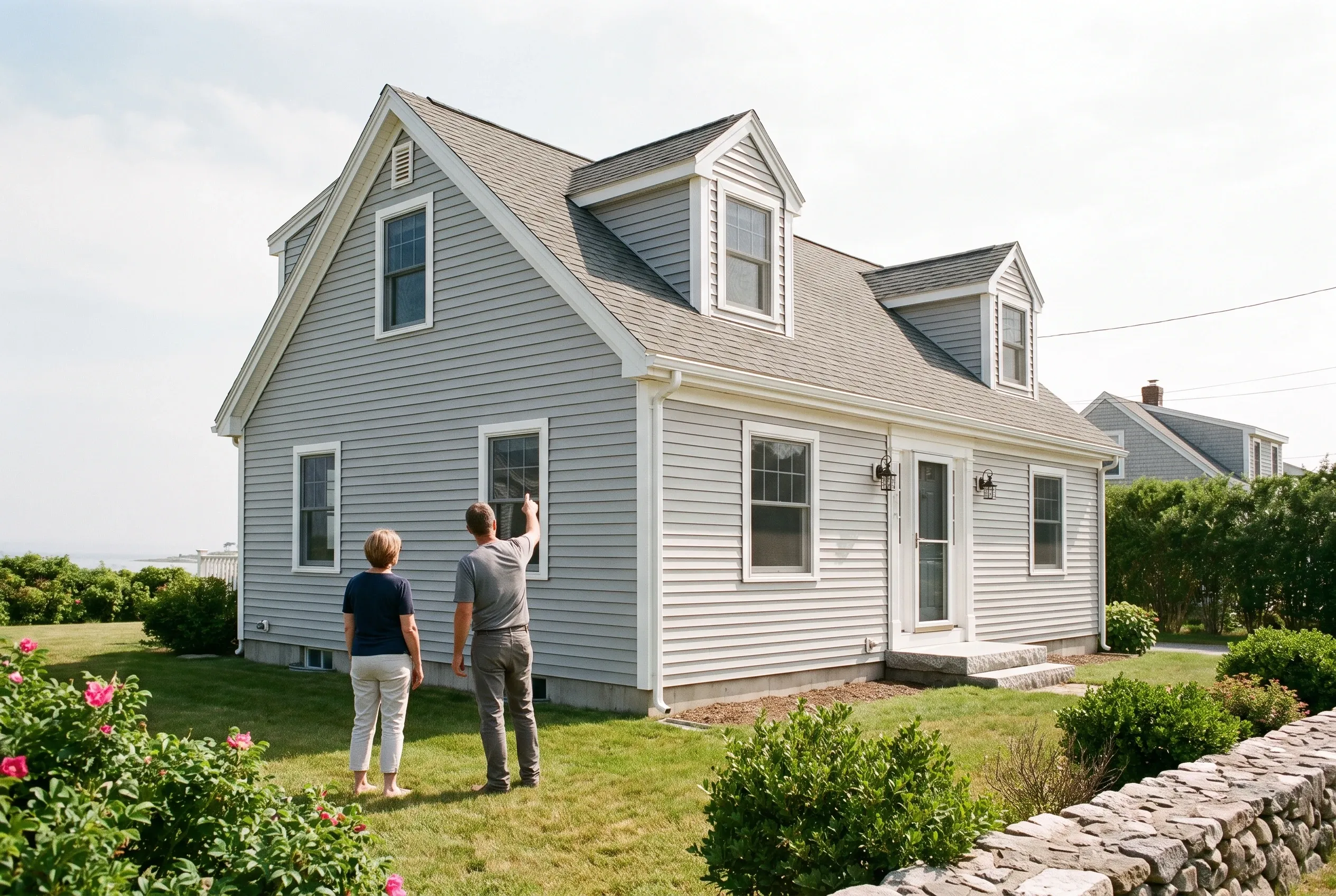Re-sided Cape Cod in South Portland, ME: Light blue horizontal vinyl siding with white trim and gabled roof. Two people stand in the yard viewing the front of the house surrounded by landscaping and stone wall.