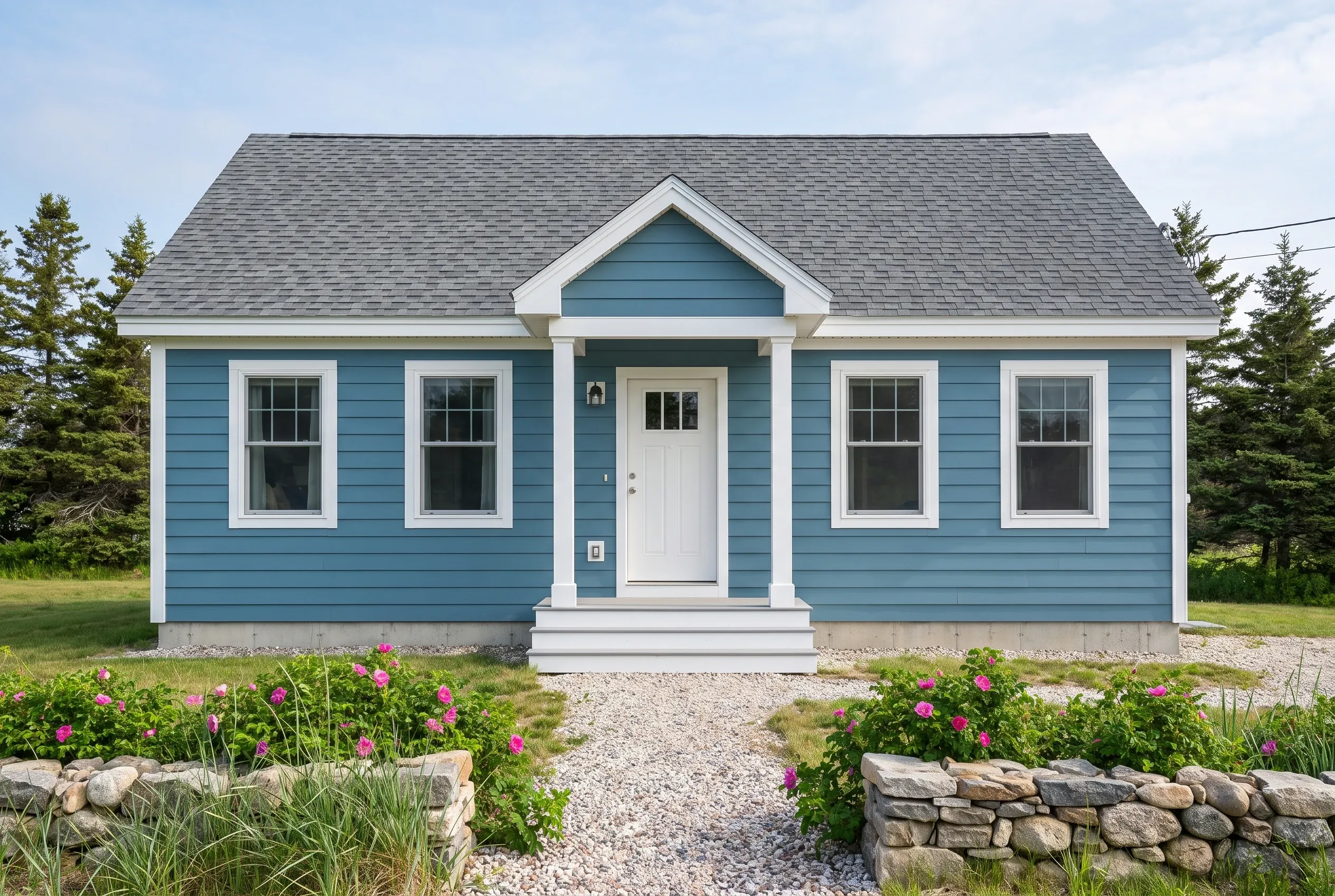 Blue siding cottage in South Portland, ME: Single-story house with light blue horizontal siding, white trim, white entry door with gable, four windows, gray shingled roof, gravel driveway, flowering shrubs, stone border, evergreen trees nearby.