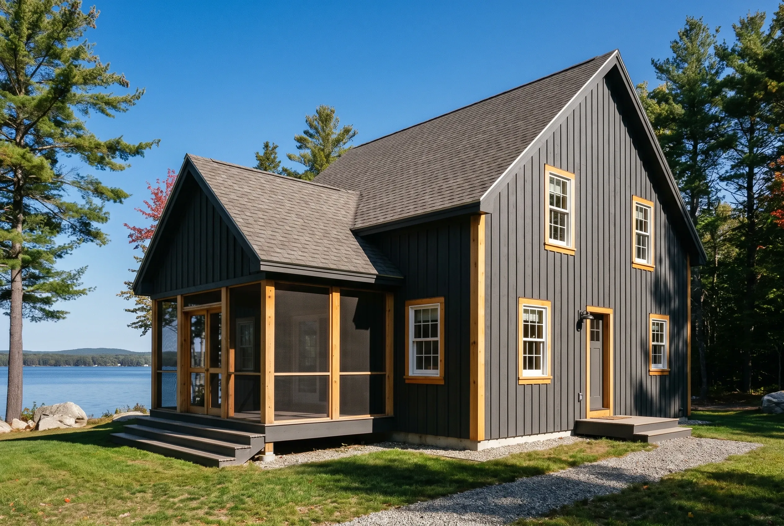 Modern lake house in Standish, ME: Black vertical siding with gold trim and windows, gray shingled roof, screened porch, situated on grassy lakefront lot surrounded by evergreen trees.