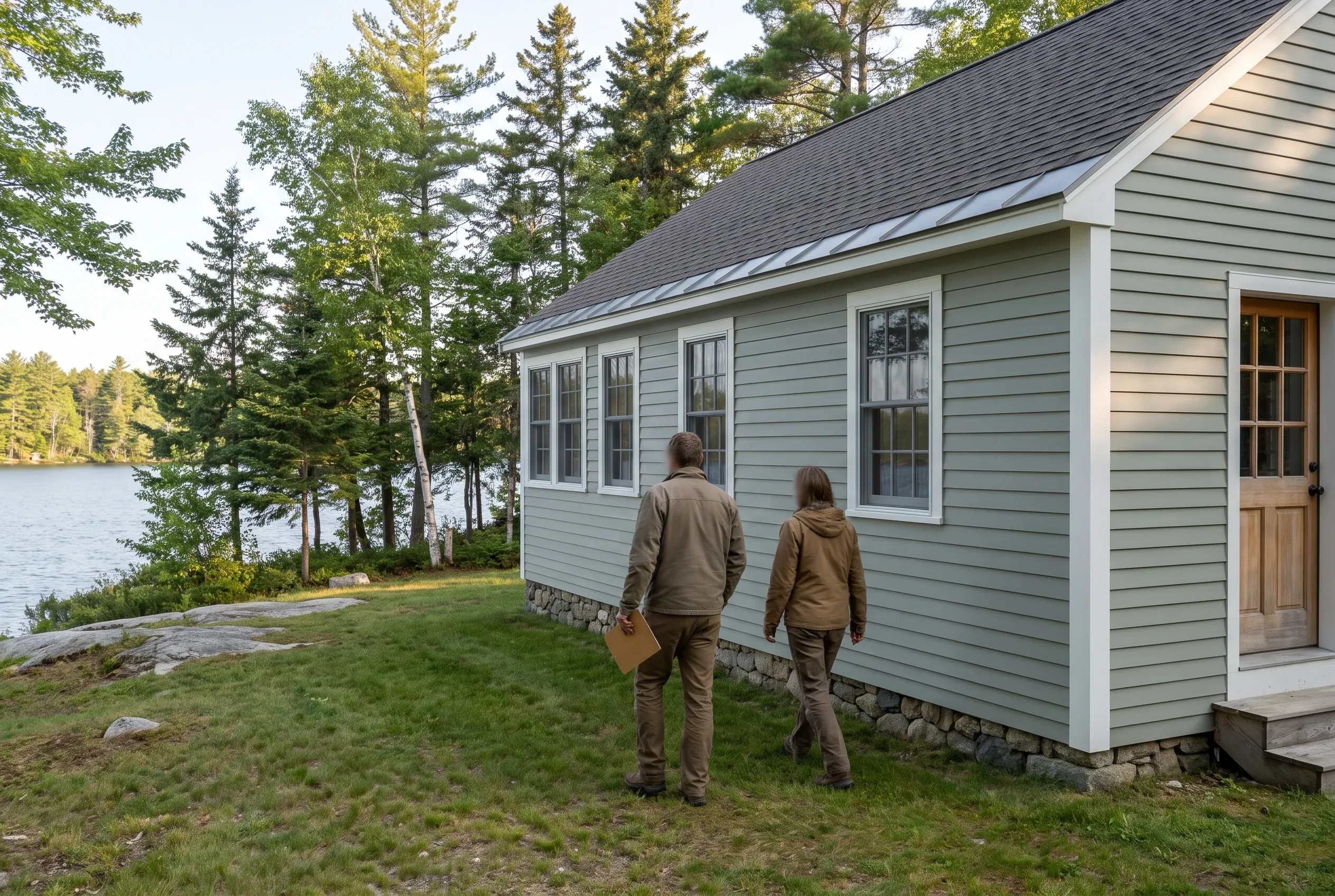 Re-sided cottage in Standish, ME: Two people walk toward a gray-sided cottage with white trim and dark roof beside a lake surrounded by evergreen trees.
