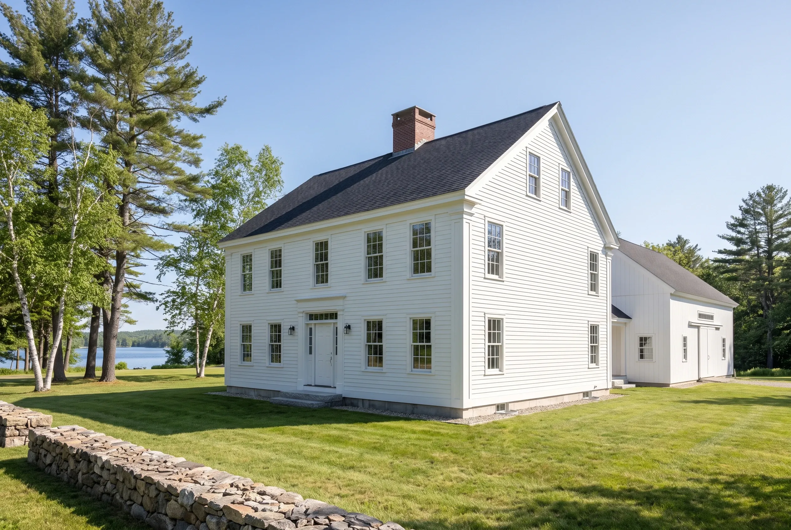 Re-sided colonial in Standish, ME: White vinyl-sided two-story house with black roof and brick chimney on landscaped lawn near pine trees and lake, attached garage visible.
