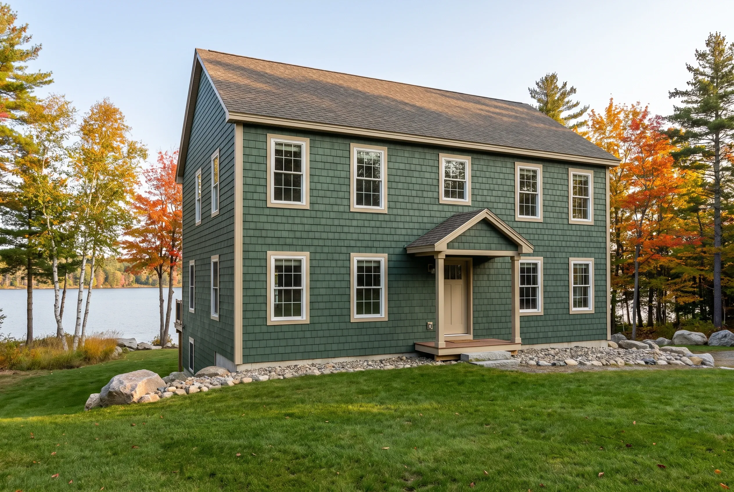 Re-sided colonial in Standish, ME: Two-story house with green cedar shake siding, white trim, and dark roof beside a lake with fall foliage and evergreens.