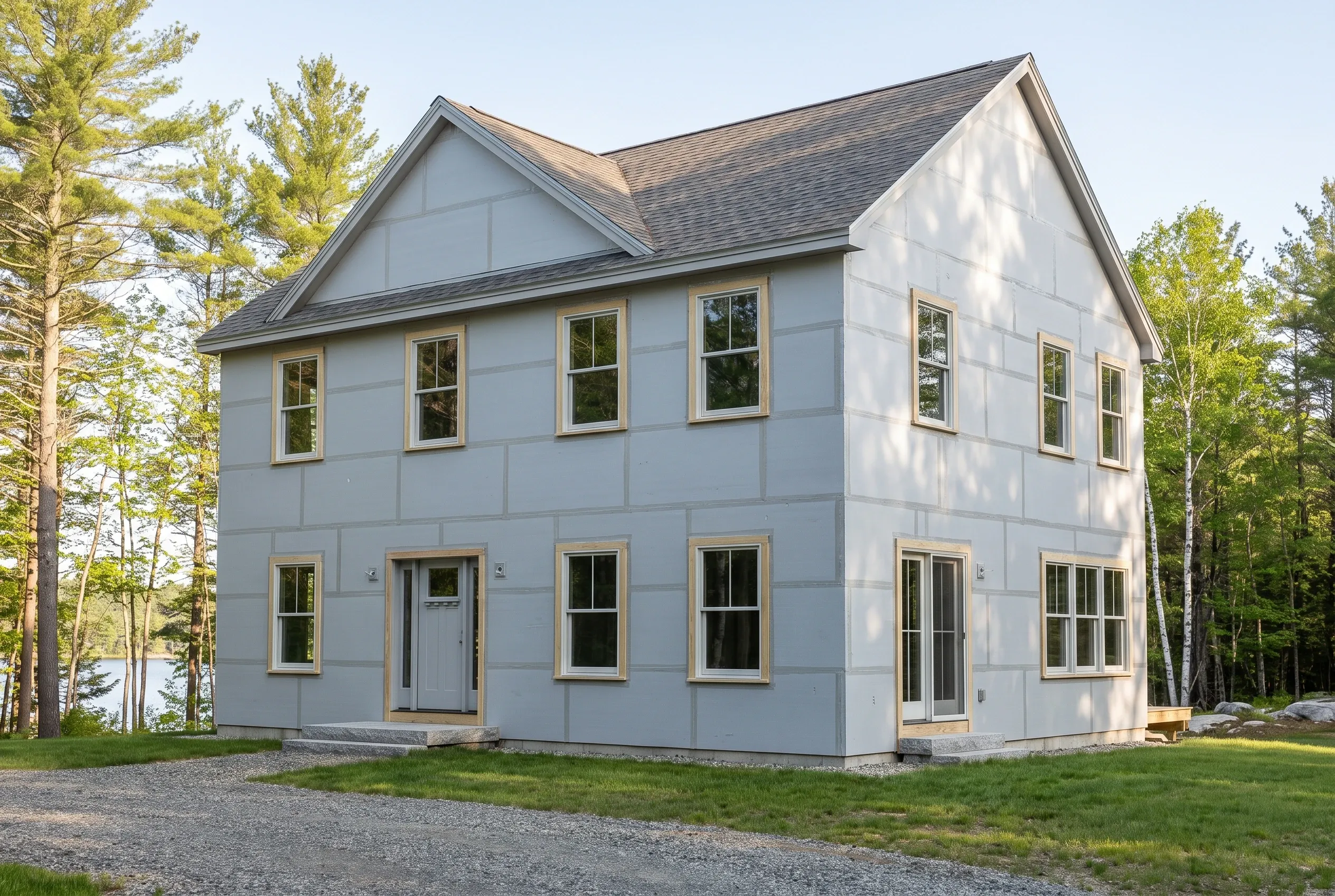 Re-sided farmhouse in Standish, ME: Two-story house with light blue fiber cement board siding, tan trim, and dark gray asphalt shingle roof set among pine trees.