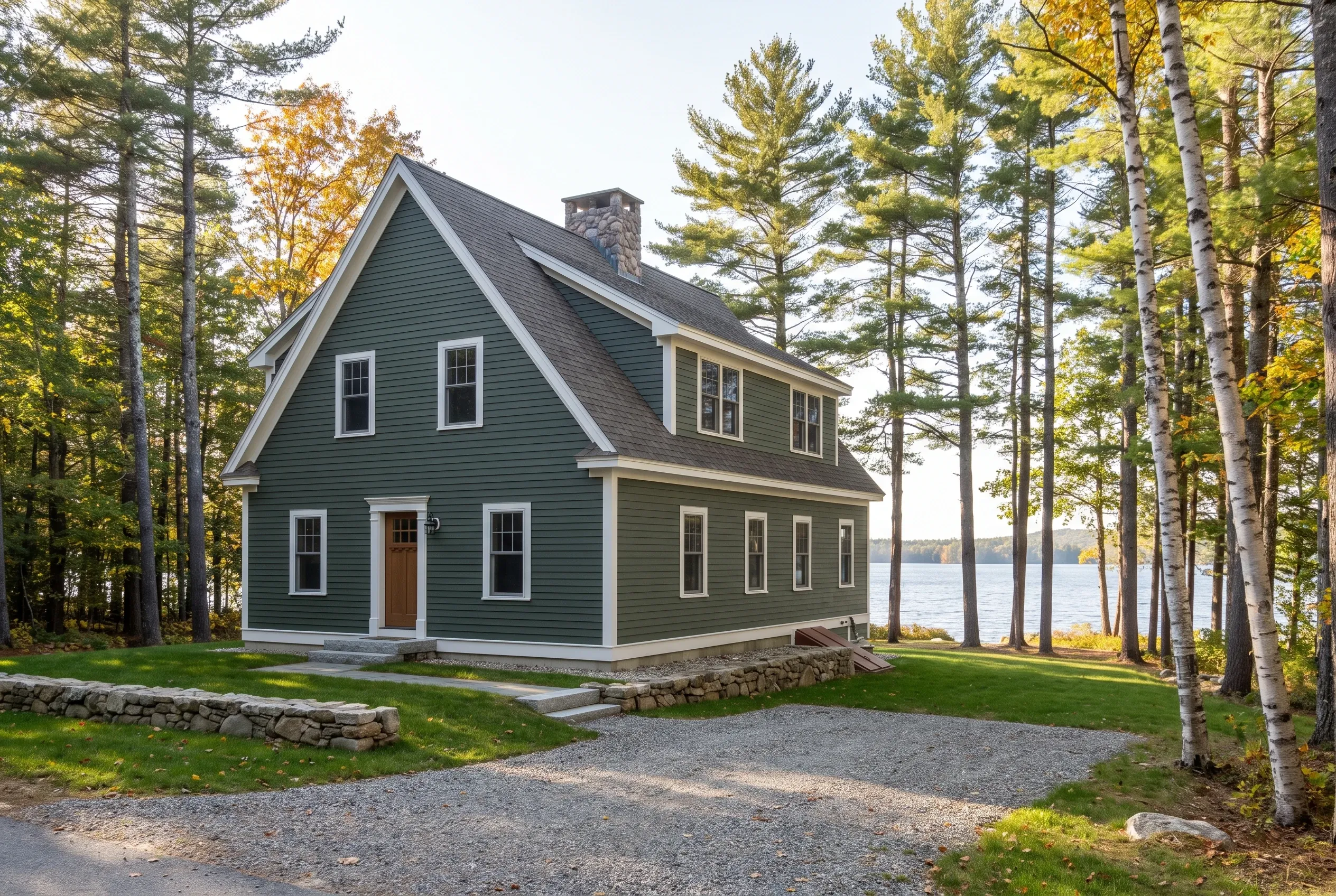 Siding contractors in Standish, ME: Two-story house with dark green horizontal lap siding, white trim, and dark roof beside pine trees and water.